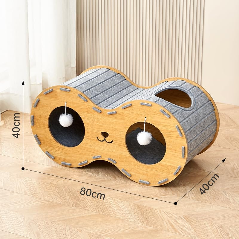 Cat Beds for Indoor Pets, 31.5" (80Cm) Extra-Large Cat Cave for Multi-Pet, Cozy House with Fluffy Ball Hanging, Scratch Resistant Felt Kitten Hideaway Bed, Feline Tunnel, Heavy Duty Wood,Grey Felt image number 2