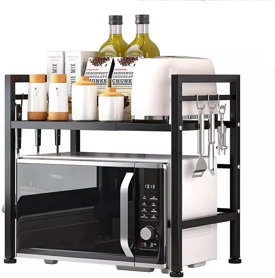 Microwave Stand, Expandable over Microwave Oven Rack， Adjustable Width and Height Kitchen Stand Counter Rack With, Equipped with 3 Hooks, Suitable for Kitchen Storage（Black） image number 5