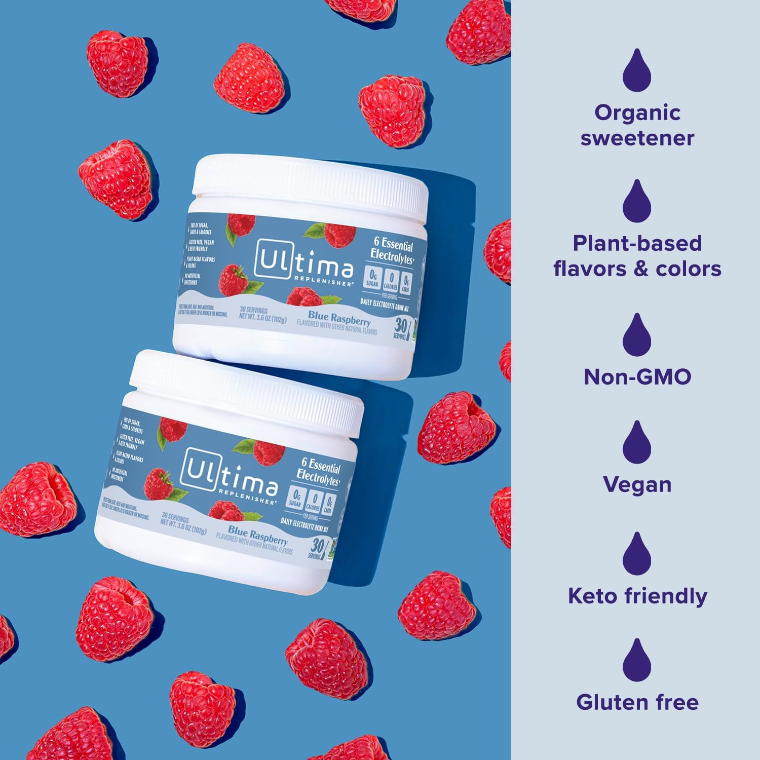 Ultima Replenisher Electrolyte Hydration Powder, Blue Raspberry, 30 Servings - Sugar Free, 0 Calories, 0 Carbs - Gluten-Free, Keto, Non-Gmo, Vegan, with Magnesium, Potassium, Calcium image number 1