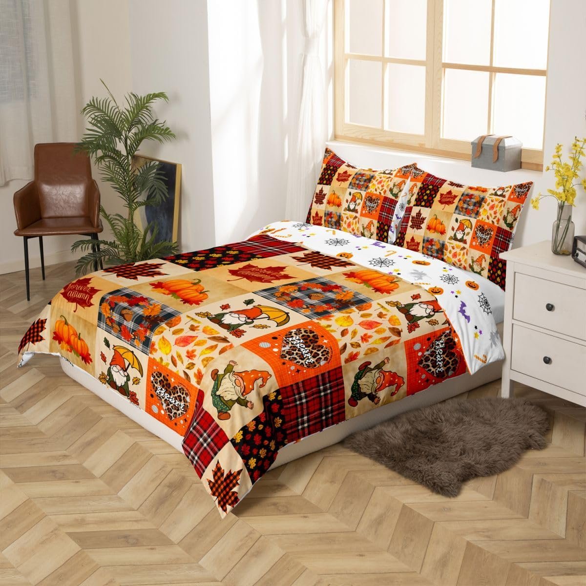 Fall Bedding Set Thanksgiving Day Gifts Duvet Cover for Boys Girls Women Autumn Harvest Comforter Cover Happy Fall Y'All Fall Season Bedspread Cover Geometry Grid Patchwork Bedding Queen Size image number 4
