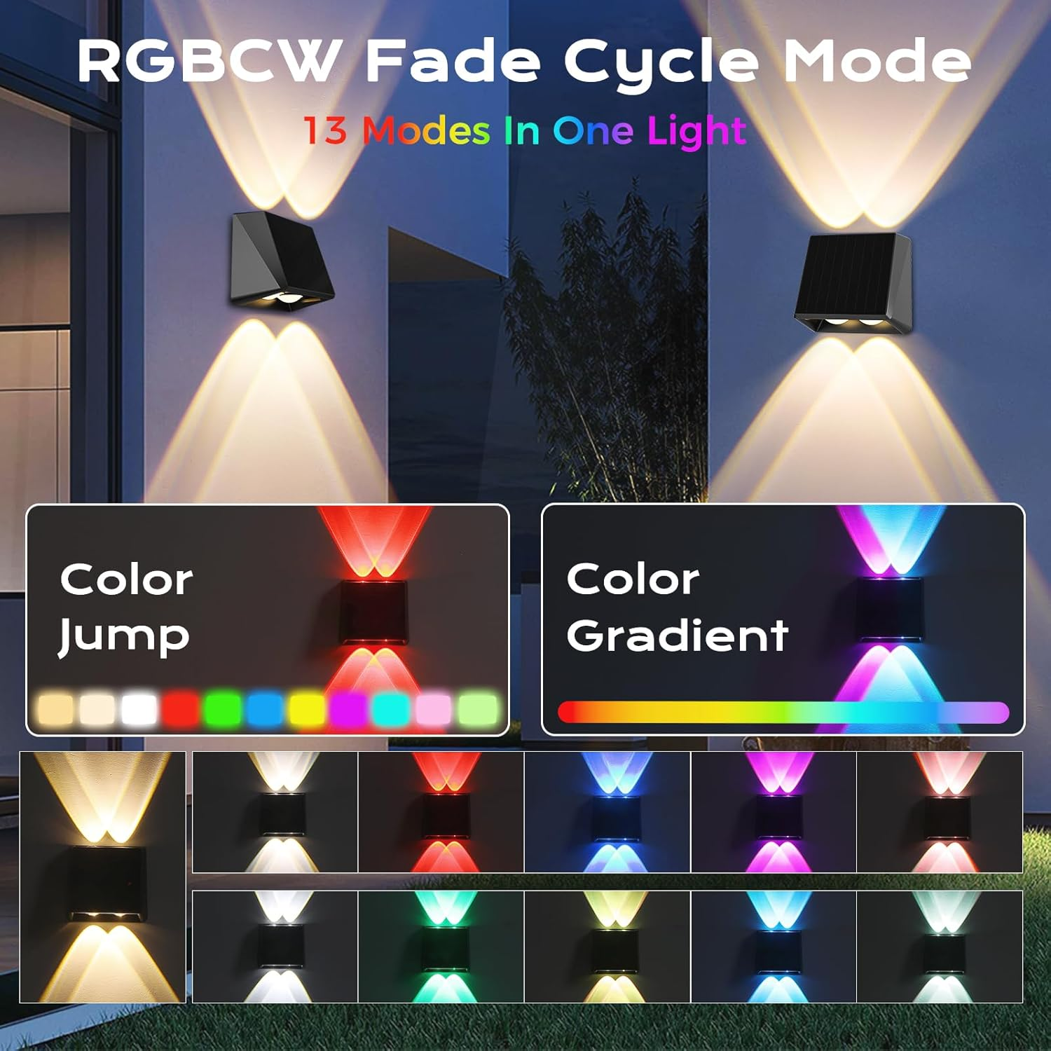 Quntis up down Solar Wall Light Outdoor, 4 Pack Solar Fence Lights Warm White & 13 RGB Modes IP65 Waterproof Front Door outside Lights for Garden Porch Deck Stair Post Yard Backyard Pathway image number 6