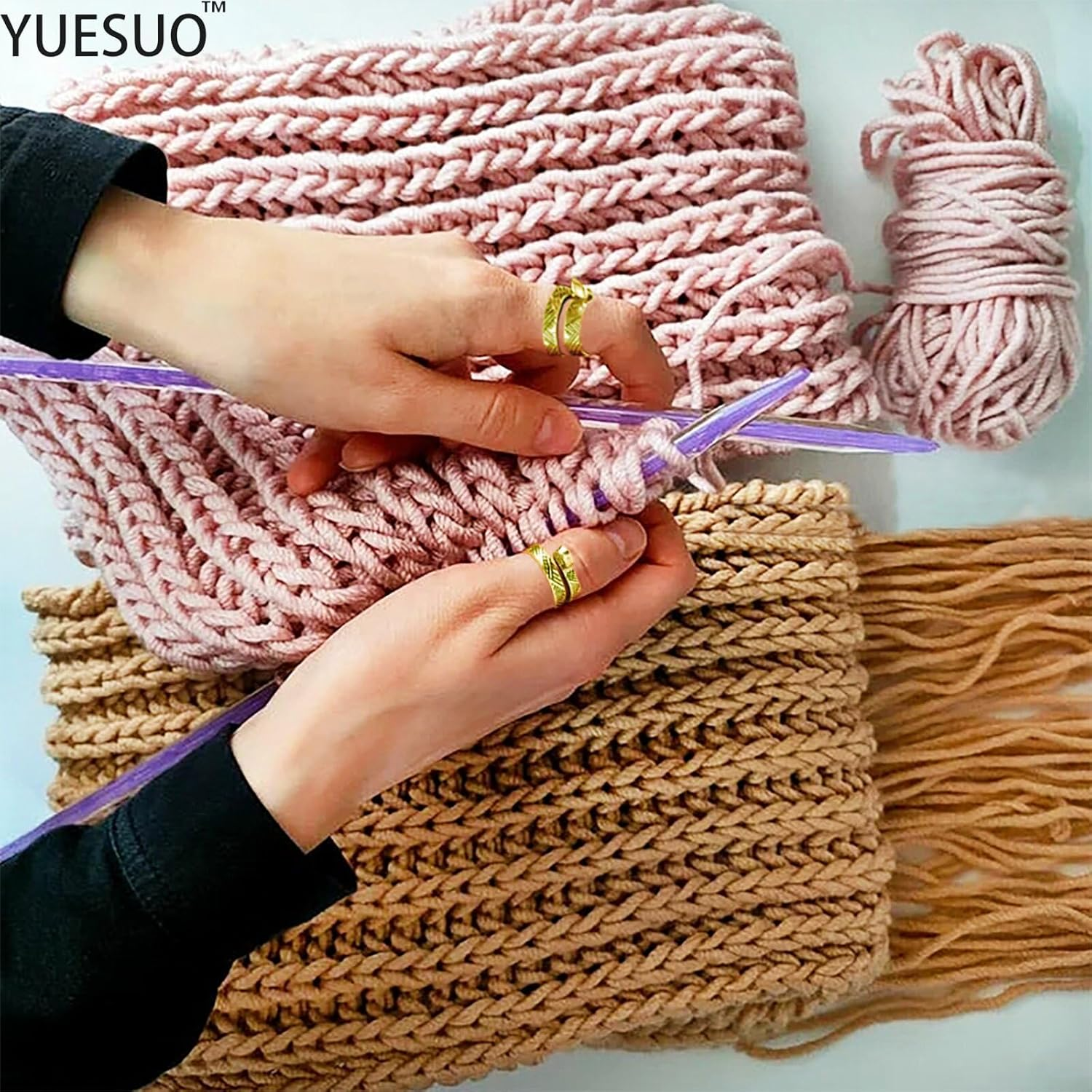 YUESUO Knitting Crochet Loop Ring for Fingers, Metal Adjustable Opening with Simple Pattern, Finger Yarn Guide, Braided Tail for Crochet (Gold, 2 Pack) image number 2