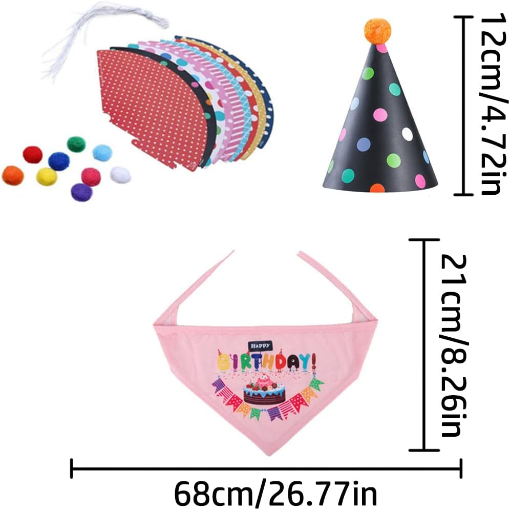 HAIKING Dog Birthday Bandana and Hat Set, 9 Pcs Mixed Color Triangle Birthday Dog Cute Hat with 1 Pcs Adjustable Birthday Bandana for Pet Party Celebrate image number 6