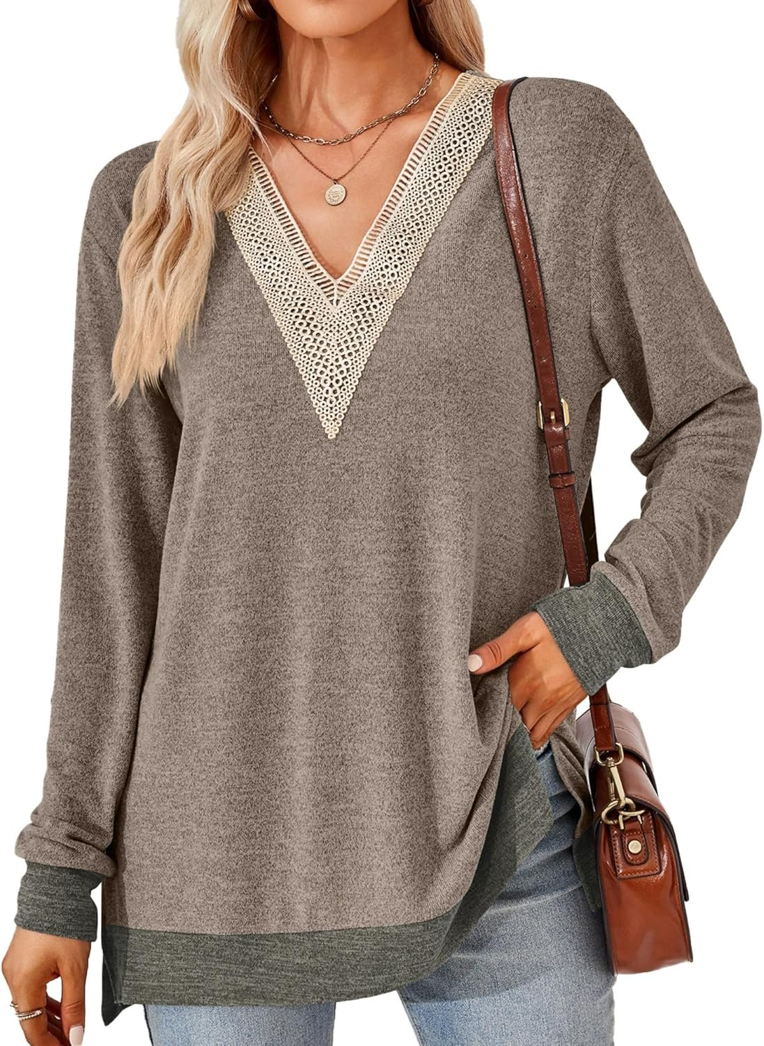 Womens Long Sleeve Shirts V-Neck Lace Tops Women'S Tops Long Sleeve V-Neck Shirts Fall Tops for Women Lace Shirt.