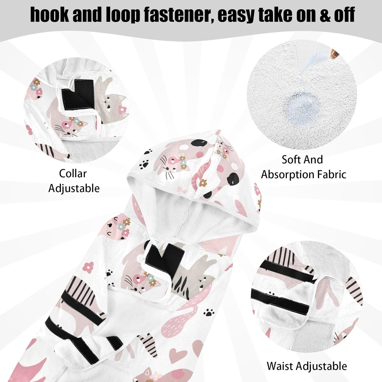 AIXIWAWA Cute Cats Pet Bathrobe Towels with Adjustable Collar & Waist, Quick Absorbent Drying Coat for Cats and Dogs image number 4