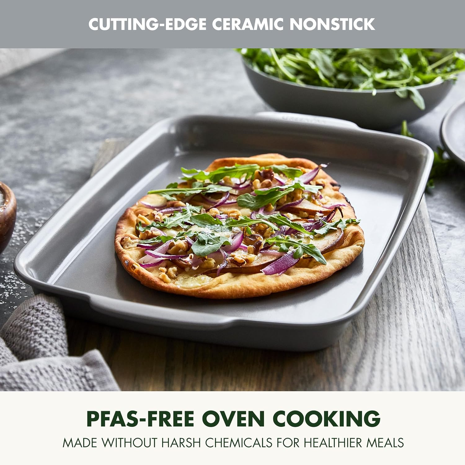 Greenpan Premiere Ovenware Healthy Ceramic Nonstick 13" X 9" Quarter Sheet Baking Pan, Cast Aluminum Bakeware, Warp-Free, Broiler Safe to 600F,Dishwasher Safe,Pfas-Free, Gray