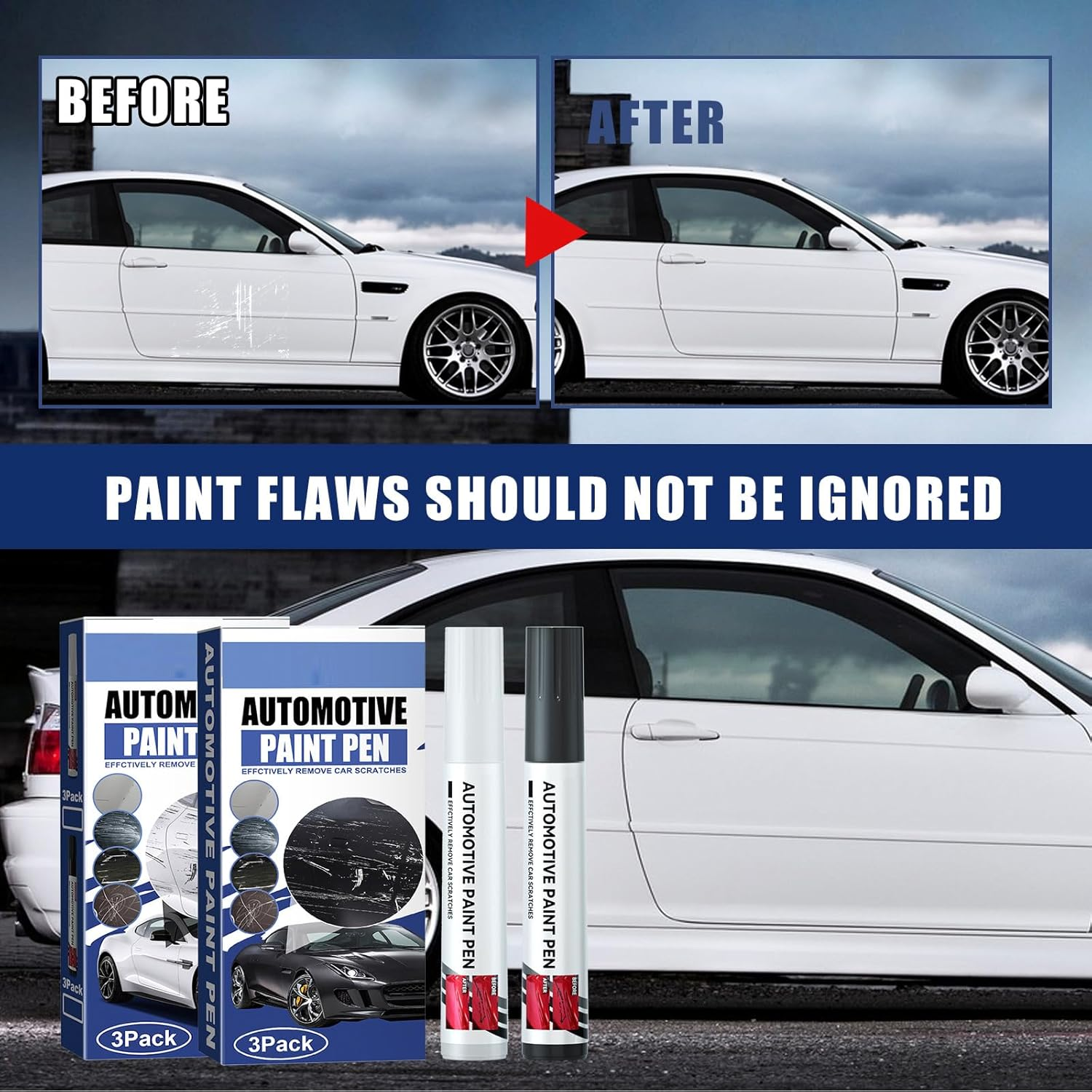 POKITA X 2 in 1 Car Touch up Paint Pen Set (3 PCS) &ndash; Exact Color Match for Black & White Cars, Quick Fix for Scratches & Paint Damage, Waterproof, Quick Drying & Safe, Upgraded Soft Pen Tip (BLACK) image number 2