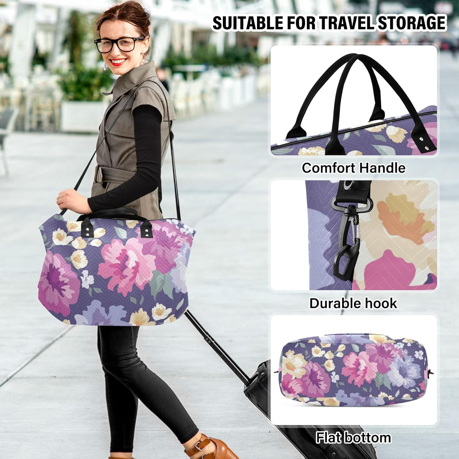 Overnight Travel Duffel Bag Weekender Bag Flowers Floral Farmhouse Eclectic Large Gym Bag with Toiletry Bag For, Flowers Floral Farmhouse Eclectic, Set of 2, Art Deco image number 5