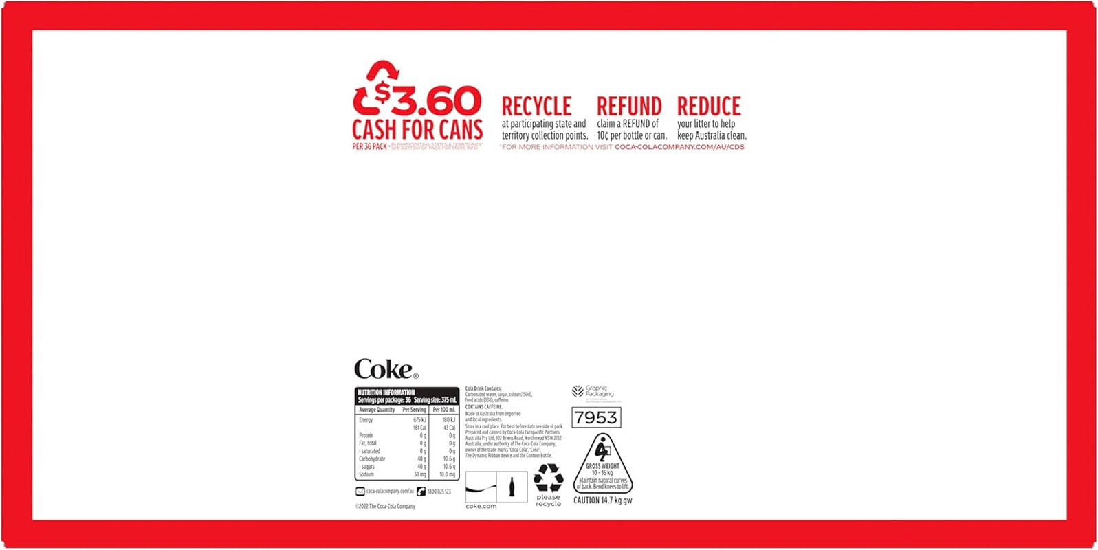 Coca-Cola Classic Soft Drink Multipack Cans 36 X 375Ml (Packaging May Vary)