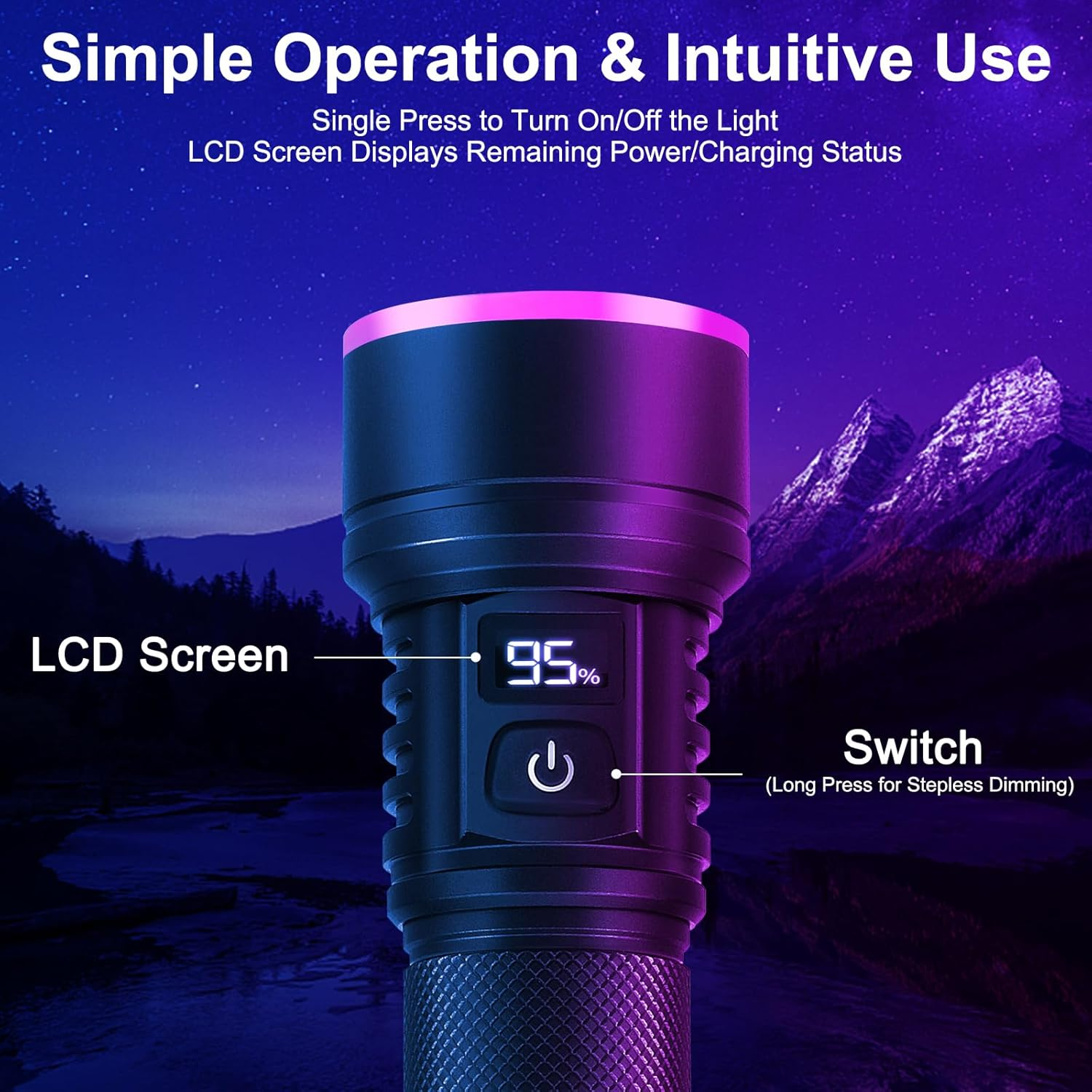 Tisuokae 365Nm UV Light Torch, 50W Powerful Black Light Torch with LCD Screen, Rechargeable UV Resin Light, Dimmable Professional UV Flashlight for Pet Urine Detection, Resin Curing, Rocks, Scorpion image number 1