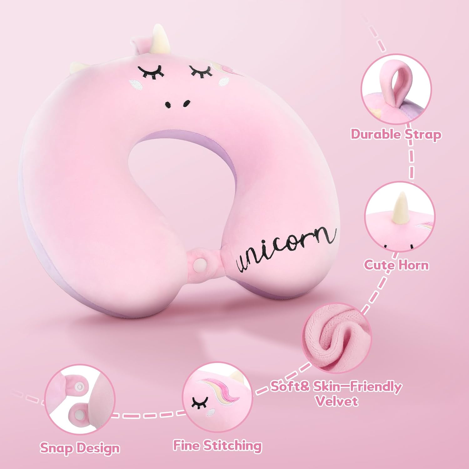 Kids Travel Pillow,Unicorn Toddler Neck Pillow for Kids Traveling with Eye Mask,U-Shaped Airplane Flight Car Head Neck Support Memory Foam Pillow for Adults,Gifts for Children,Boys,Girls (Pink) image number 3