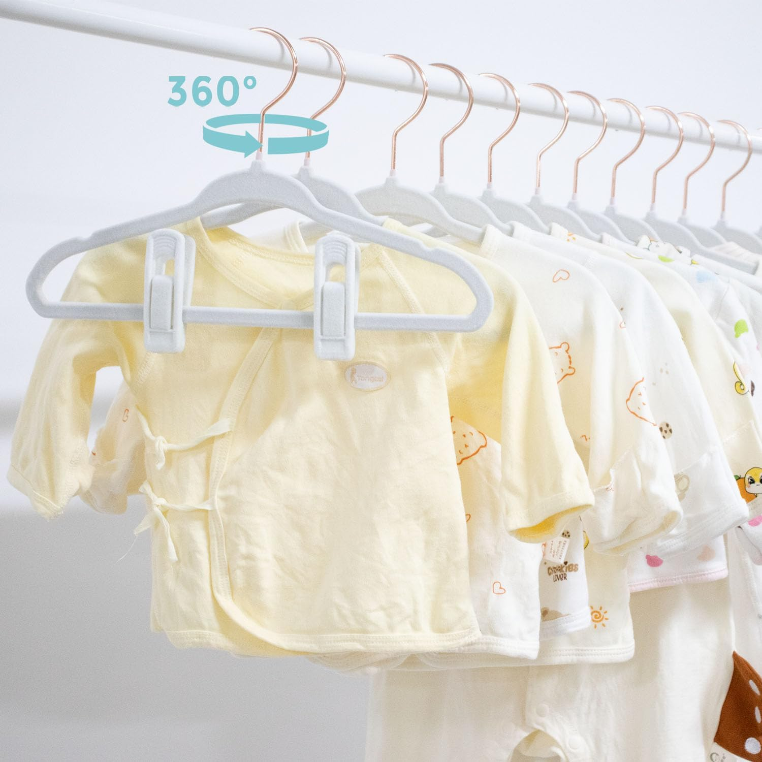 Tonswachic Kids Velvet Hangers - 11 Inch Non Slip Toddler Hangers - 50 Pack with 10 Finger Clips, White image number 2