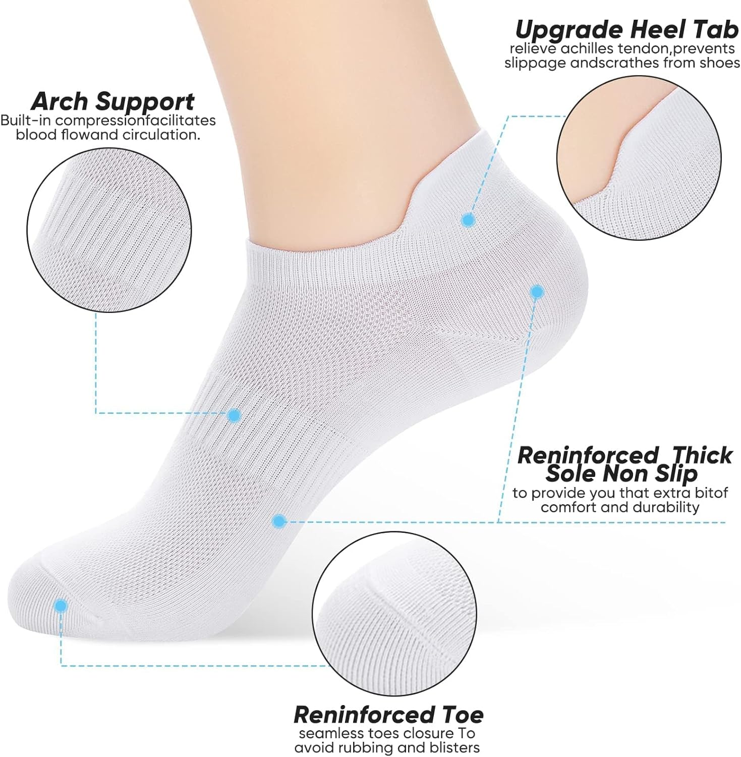 Socks Women, Women'S Athletic Ankle Sock Set Durable White Soft Breathable No Show Tab Socks Black for US Size 6-9 image number 1