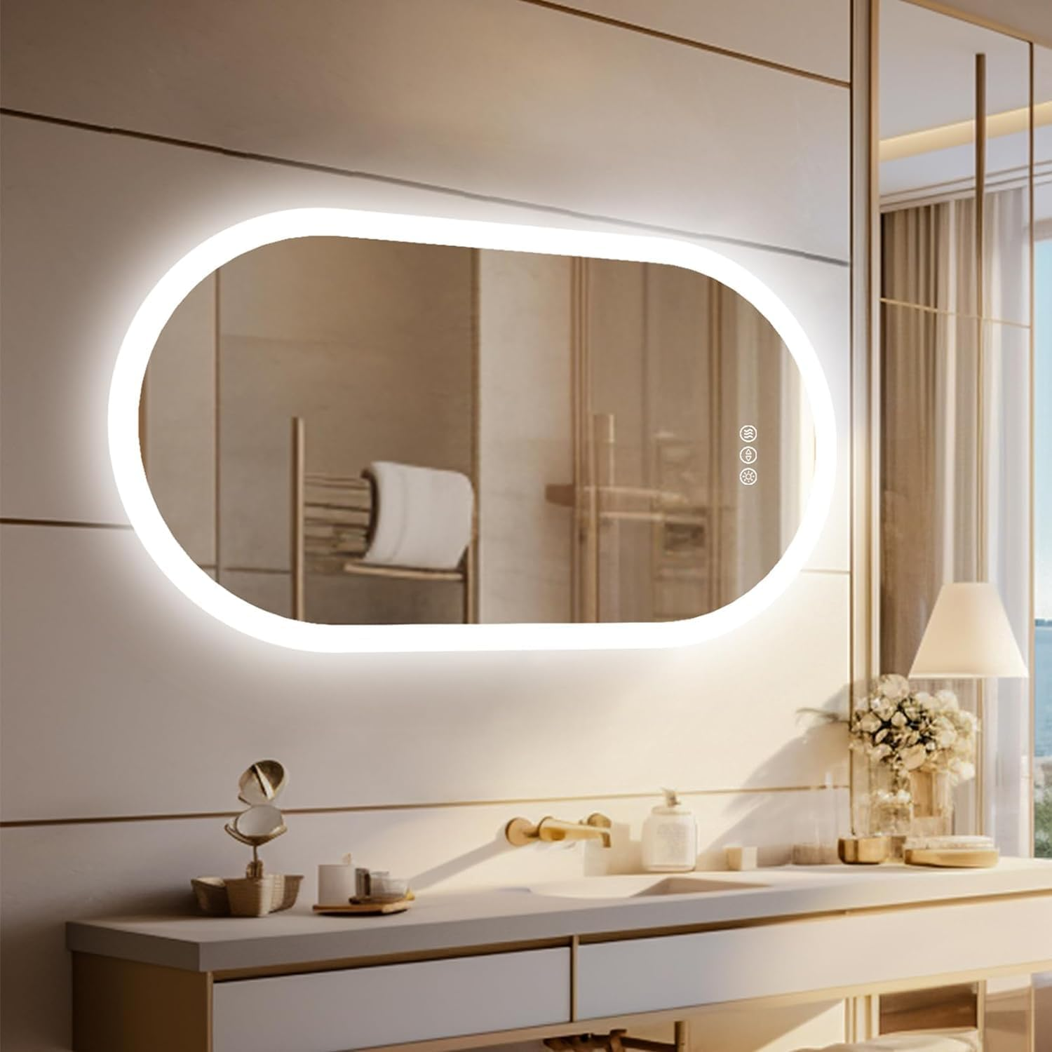 LUVODI Oval LED Bathroom Mirror: 600X1200Mm Wall Lighted Vanity Mirrors with Anti-Fog 3 Colors Dimmable Lighting Smart Switch Memory Function Plug-In Makeup Mirror Vertical or Horizontal image number 5