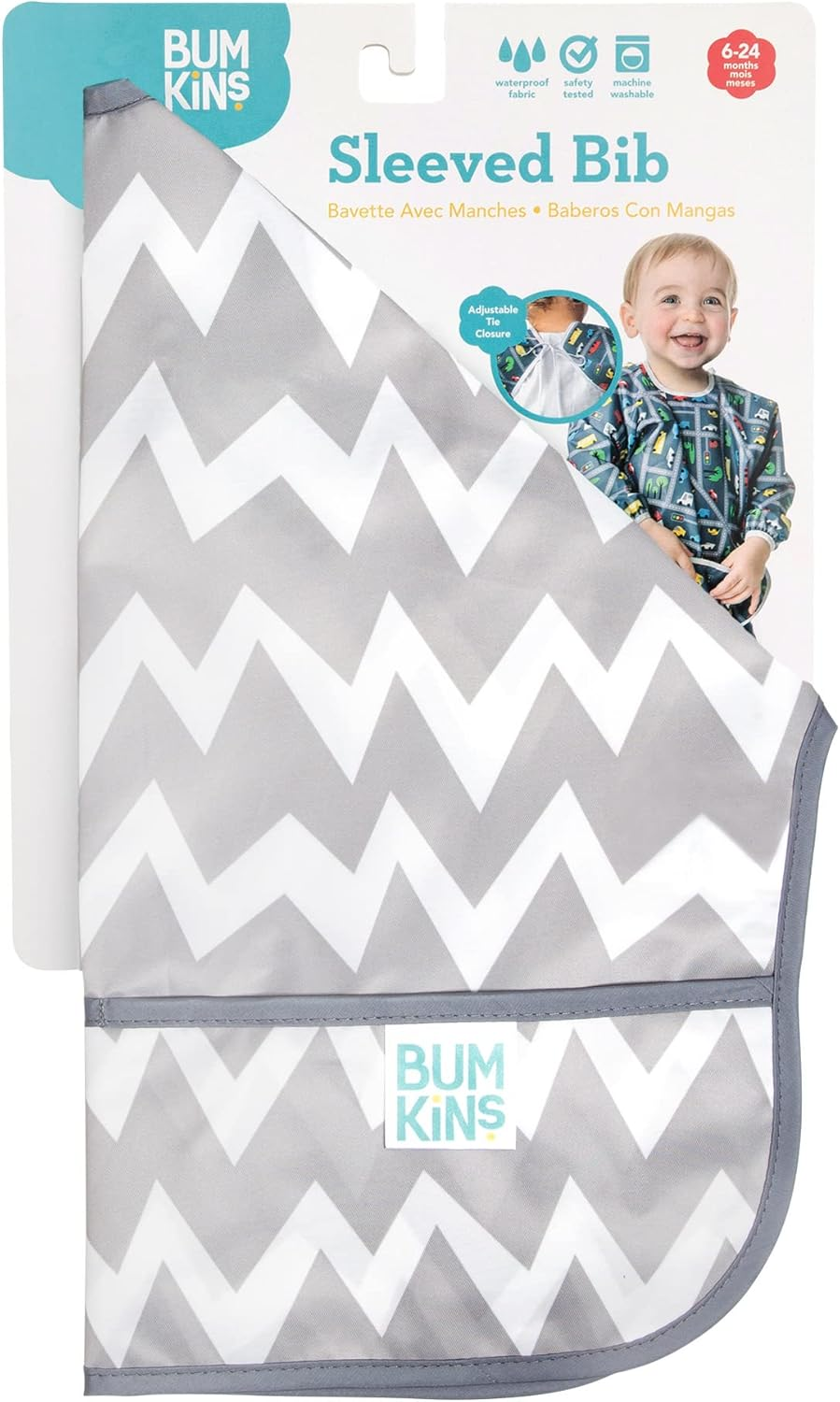 Bumkins Waterproof Sleeved Bib, Gray Chevron (6-24 Months) - Arrow image number 2