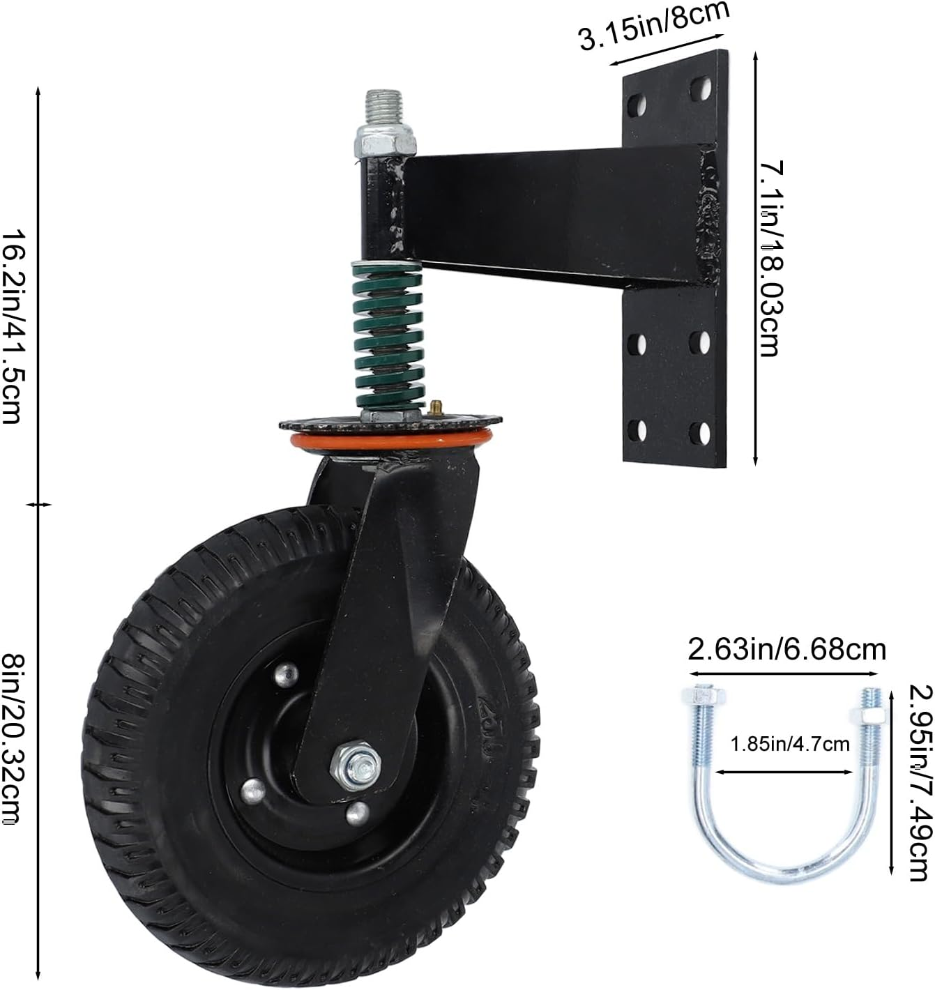 600Lbs Load Capacity Gate Wheel, 8In Metal Gate Support Wheel, Spring Loaded Gate Caster Wheel for Swing or Rolling Gates - Universal Mount Plate, Rubber Wheels, Proof (Black) - Black image number 6
