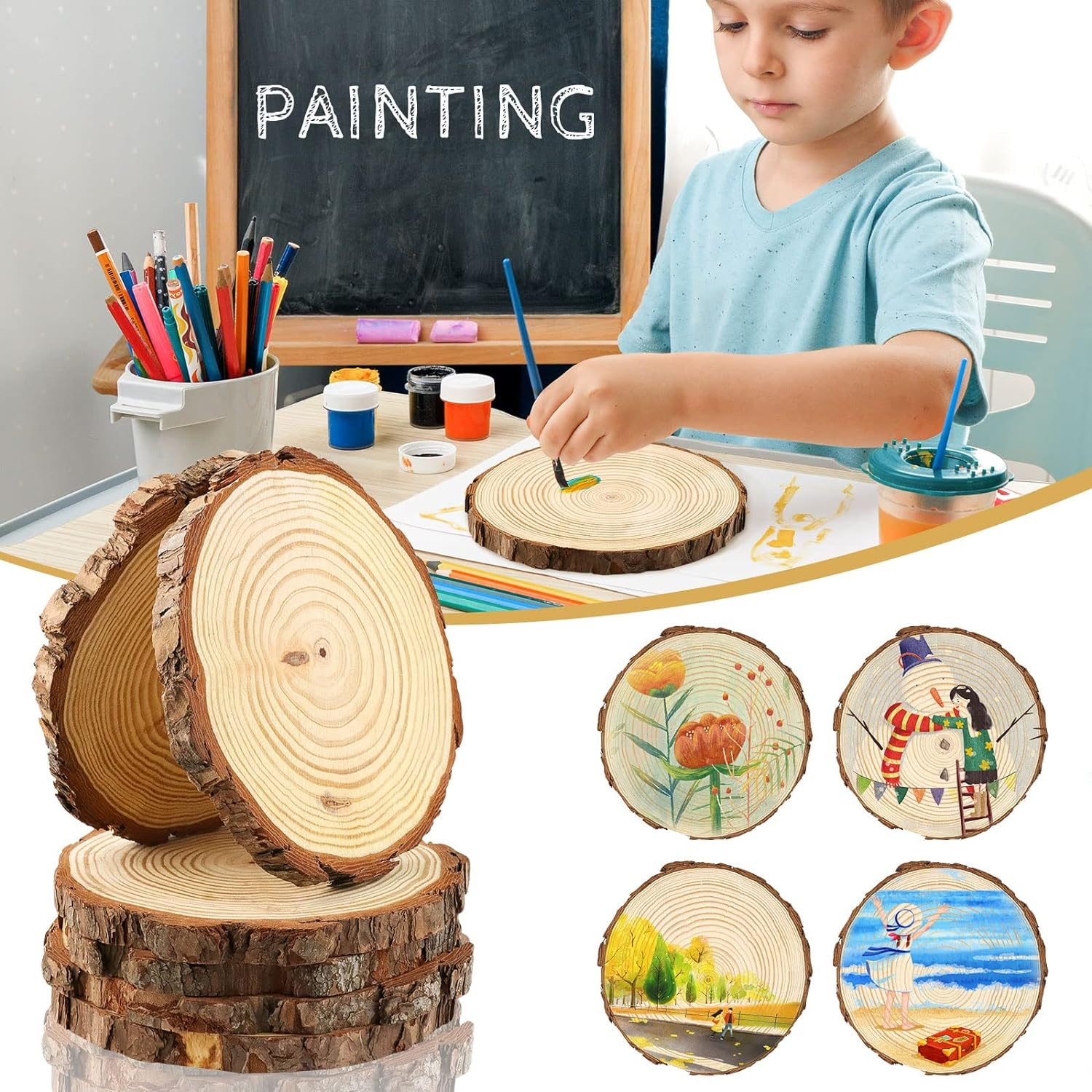 FSWCCK 6 Pack Nature Unfinished round Wood Slices, 7-8 Inches Wooden Circle, Large Wood Slabs for Weddings Centerpieces Decor and DIY Painting Crafts image number 5