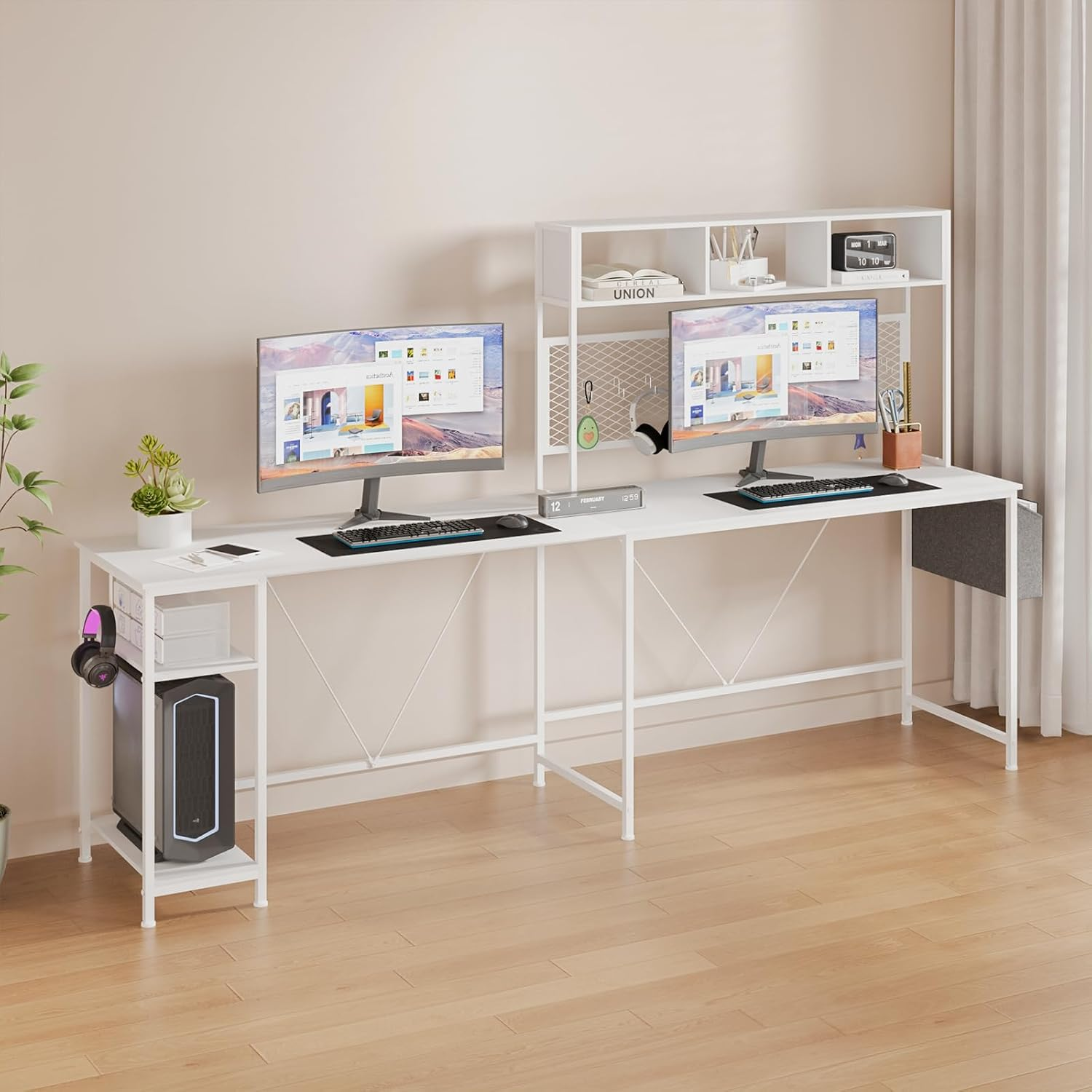 Advwin 170Cm L Shaped Gaming Desk with LED Lights & Power Outlets Reversible Computer Desk with Storage Shelf Corner Desk 2 Person Gaming Table with Pegboard and Storage Shelves White - White image number 6