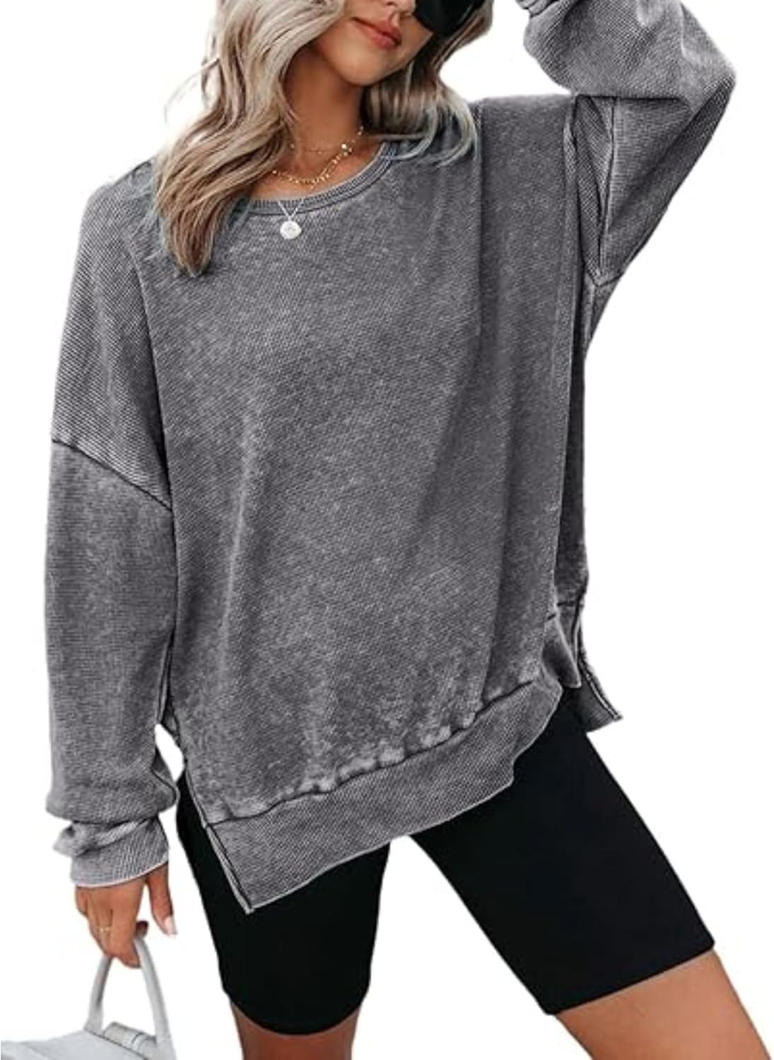 Waffle Knit Tops for Women Long Sleeve Shirts Side Slits Oversized Sweater Pullover Oversized Crewneck Sweatshirts
