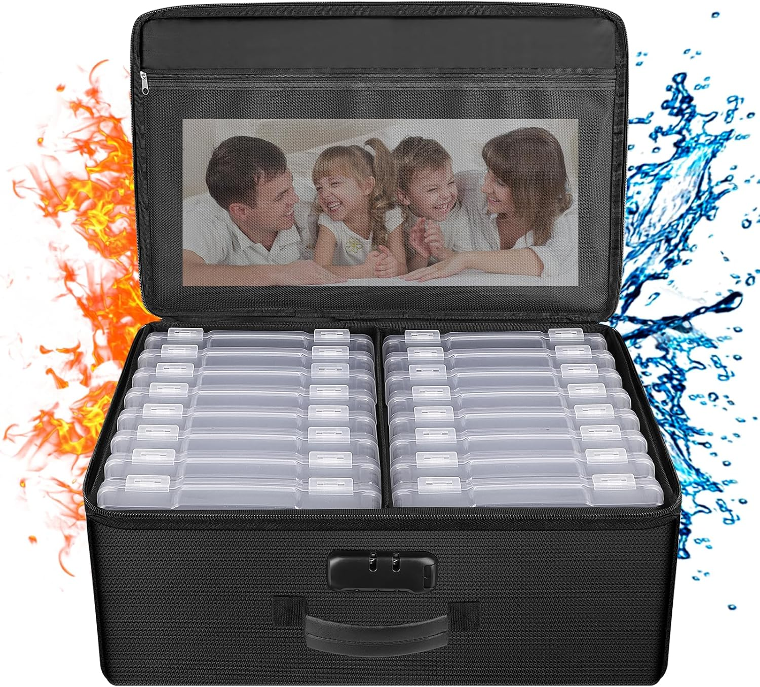 ENGPOW Fireproof Photo Storage Box 5" X 7" Photo Case(Clear),16 Inner Photo Keeper Photo Box Organizer with Lock,Collapsible Portable Photo Storage Container with Handle for Photos,Picture,Valuables image number 2