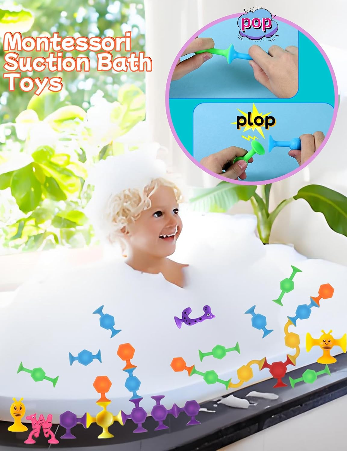 24PCS Suction Toys,Silicone Bath Suction Toys,Sensory Sucker Bath Toy,Montessori Suction Cup Toy for Educational,Travel Building Blocks Toys for Kids Toddlers Boys Girls Ages 3 to 8 image number 4