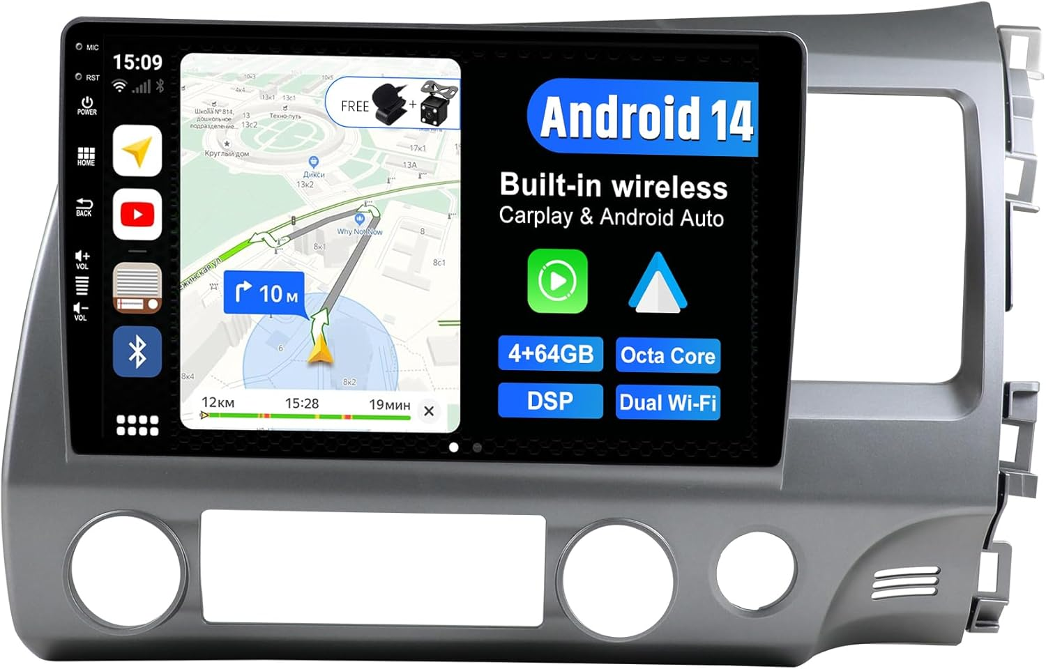 Android 14 IPS Car Stereo for Honda Civic (2006-2011) - Wireless Carplay/Android Auto - 4G+64G - LED Camera + MIC - 10.1 Inch 2 Din - DSP Steering Wheel DAB Fast-Boot 360-CAM Wifi image number 5