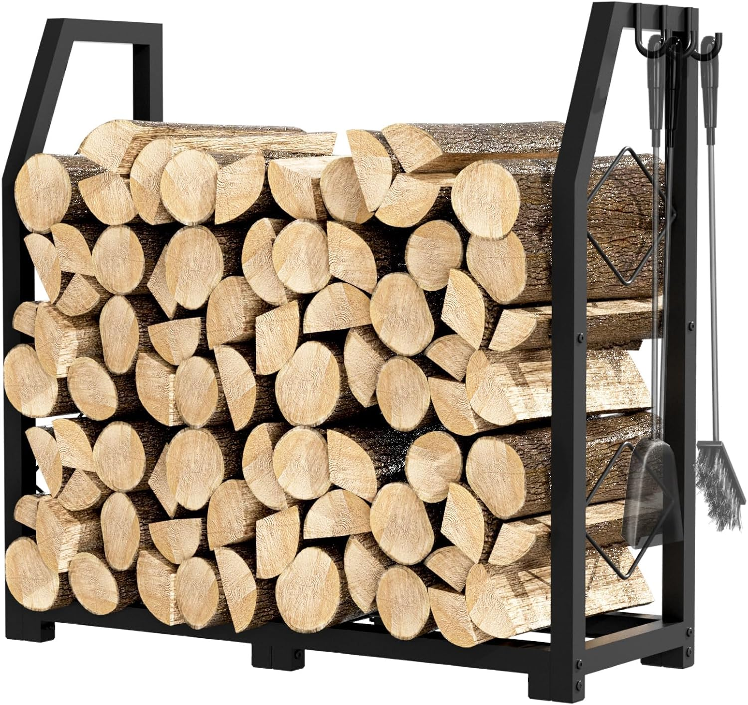 Firewood Rack for Outdoor, Firewood Holder with 3 Hanging Hooks, Heavy Duty Wood Rack for Indoor Outdoor Patio, Black image number 5