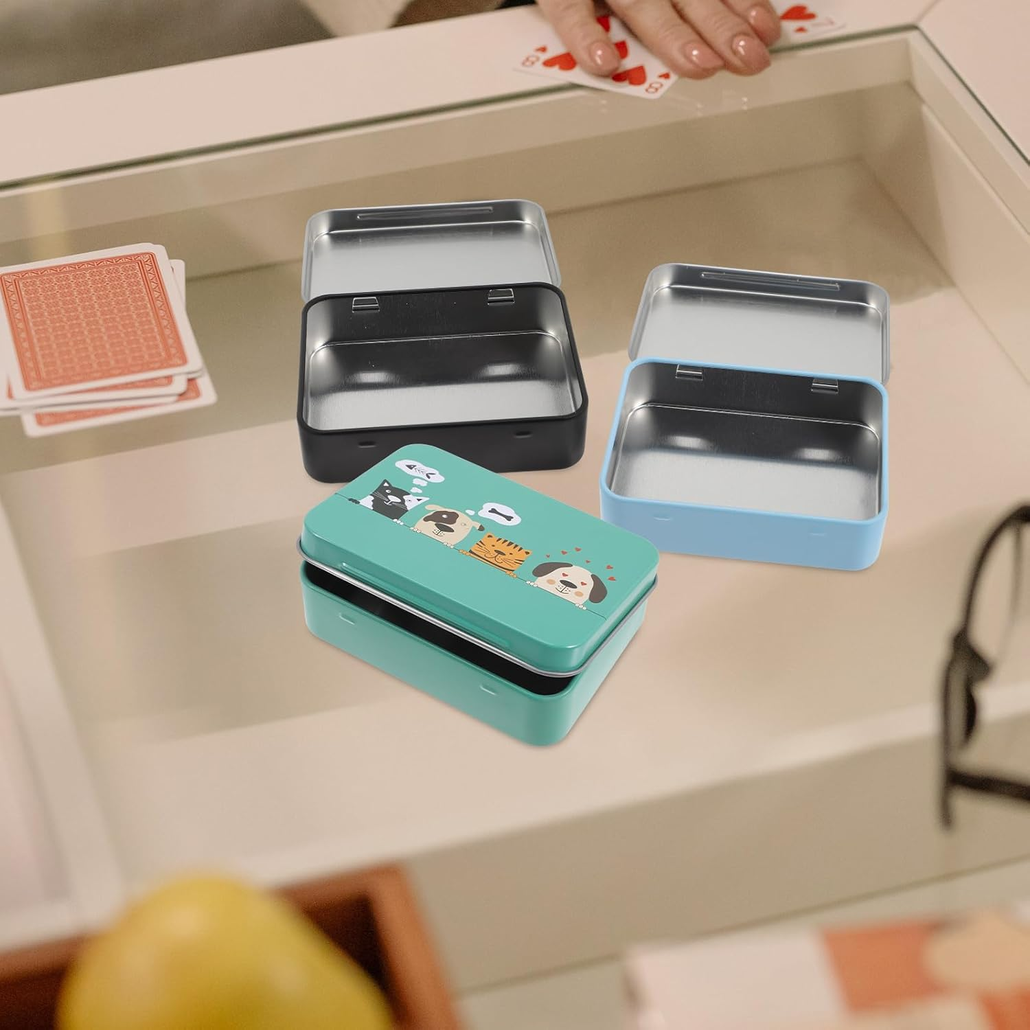 ERINGOGO 3Pcs Poker Box Playing Cards Storage Bins with Lids Metal Plaything Cards Canister Tinplate Case image number 4