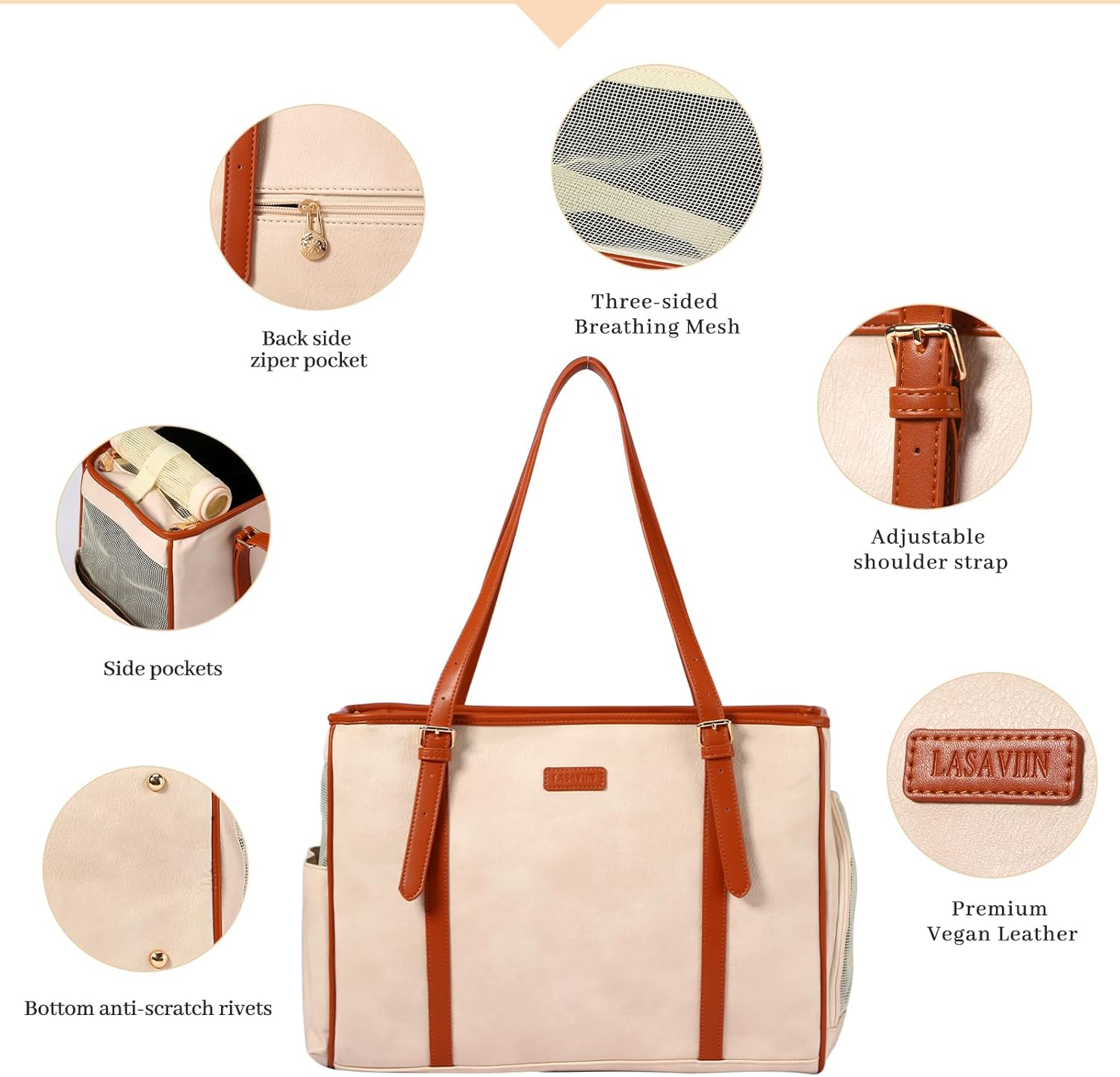 Lasaviin Fashion Dog Purse Pet Carrier Leather Bag for Small Dogs Cats Puppy, Portable Tote Bag Airline Approved Soft-Sided Carriers (Beign) image number 6