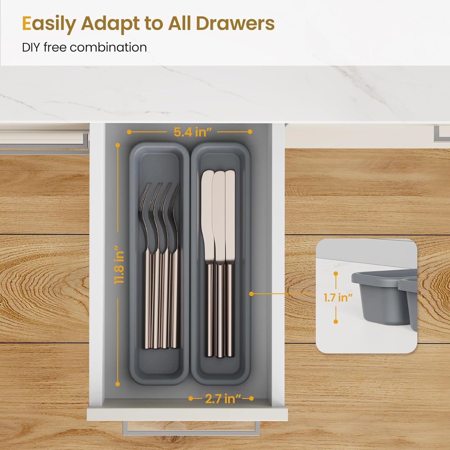 2 Pack Silicone Cutlery Drawer Organiser, Kitchen Utensil Drawer Organiser, DIY Free Combination Silverware Organizer, Moisture-Proof and Heat-Resistant up to 200&deg;C, Anti-Slip and Environmentally