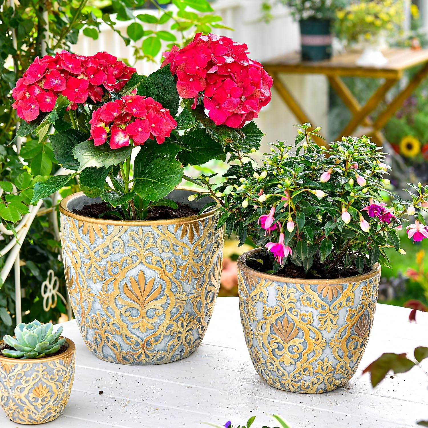 Sungmor Large Heavy Duty Cement Planters, Beautiful Embossed Concrete Garden Pots, 8" & 10" Set of 2 Plant Pots with Drainage Hole, Home Garden Decorative Flower Pots for Indoor Outdoor Plants Floral image number 2