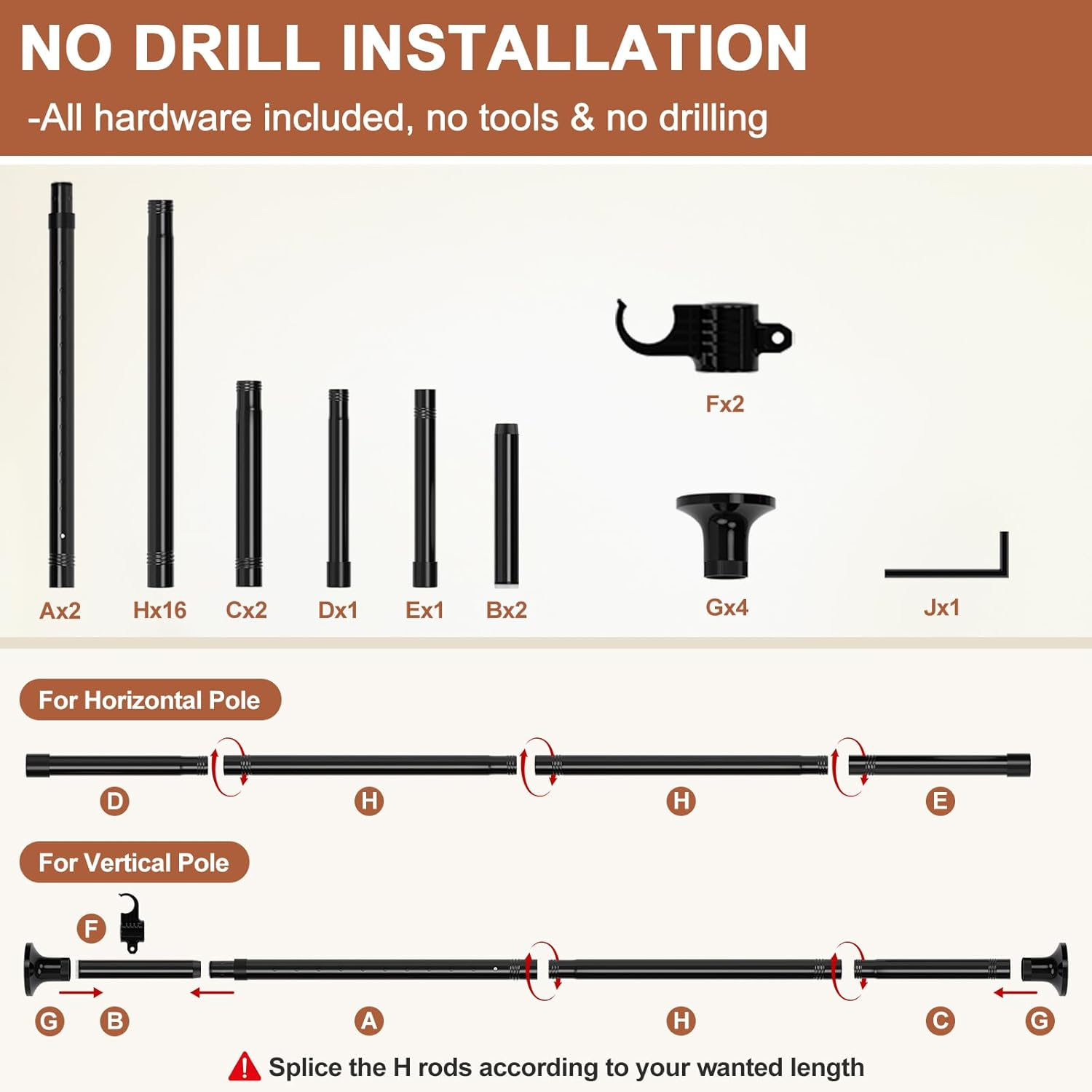 HORSE SECRET Room Divider Curtain Rod, Vertical Tension 28-70Inch(W) 4-10Ft (H) Adjustable Heavy Duty Floor to Ceiling Self Stand - Anywhere Freestanding Damaging Free for Space Partition Matt Black image number 6