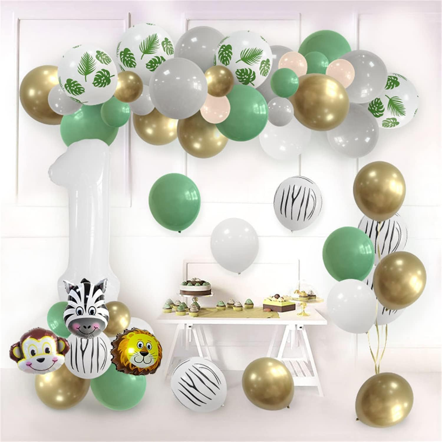 Jungle Safari Balloons Garland Kit Jungle Safari Party Supplies,1St Birthday Party Decorations Supplies,Green White Gold Balloon Arch Kit for Birthday Party Decorations. image number 4