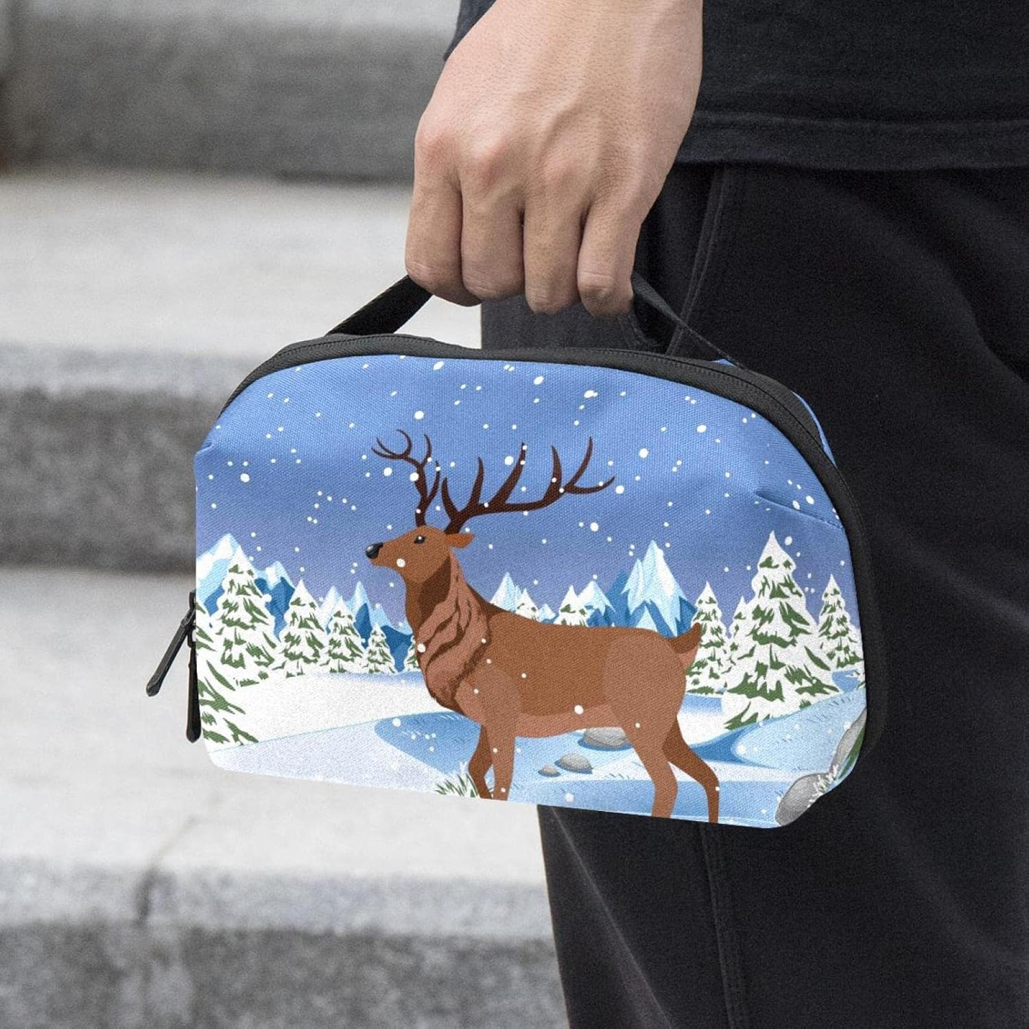 Large Makeup Bag Zipper Pouch Waterproof Travel Cosmetic Organizer for Women and Girls, Christmas Cartoon Elk image number 1