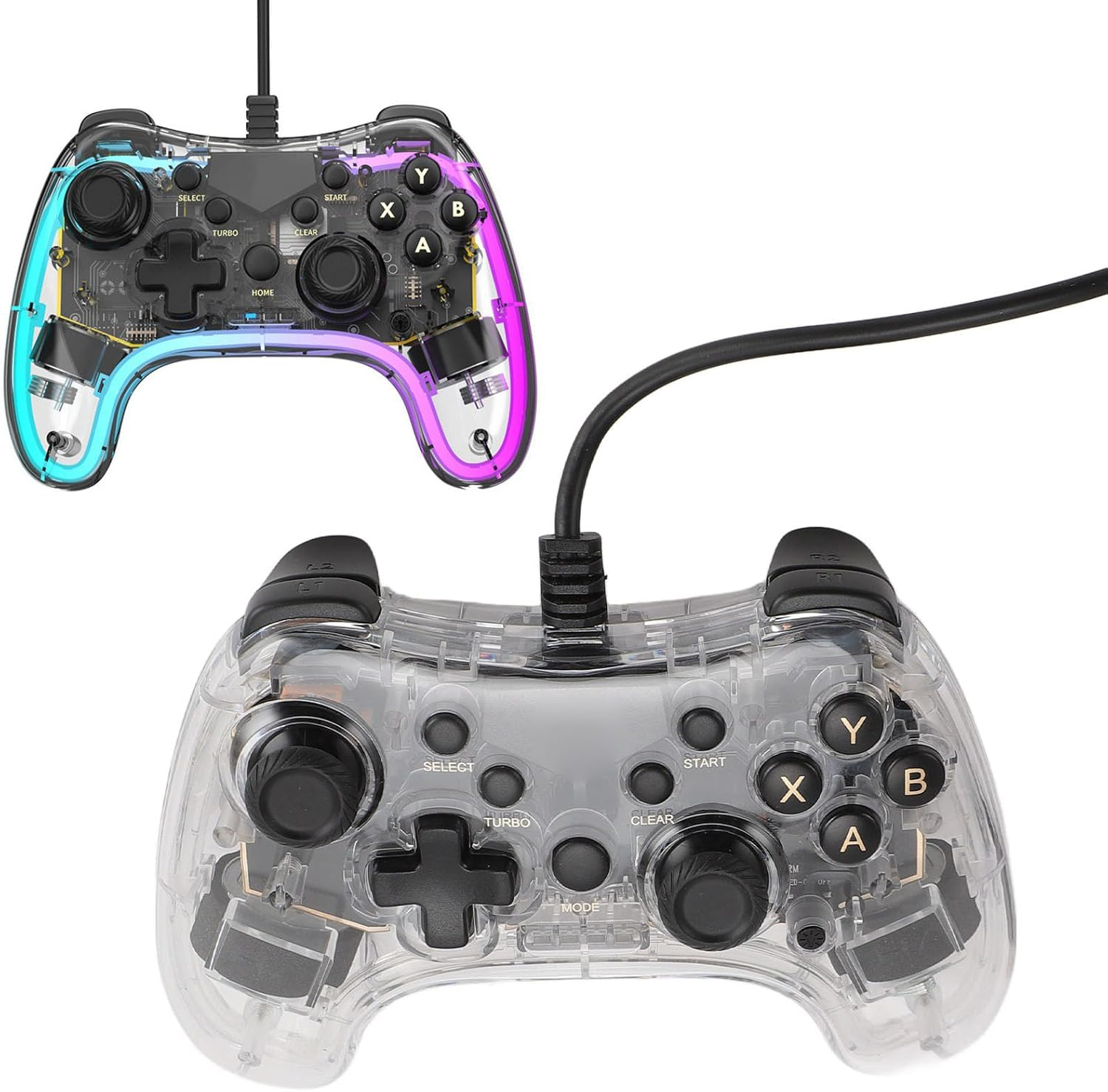 Wired Controller for Switch, PC, PS3, IOS, OS X, Wired Game Controller with RGB Light, 6 Axes Gyroscope Burst Wake up Function Transparent Gamepad for Switch for PS3 PC image number 2