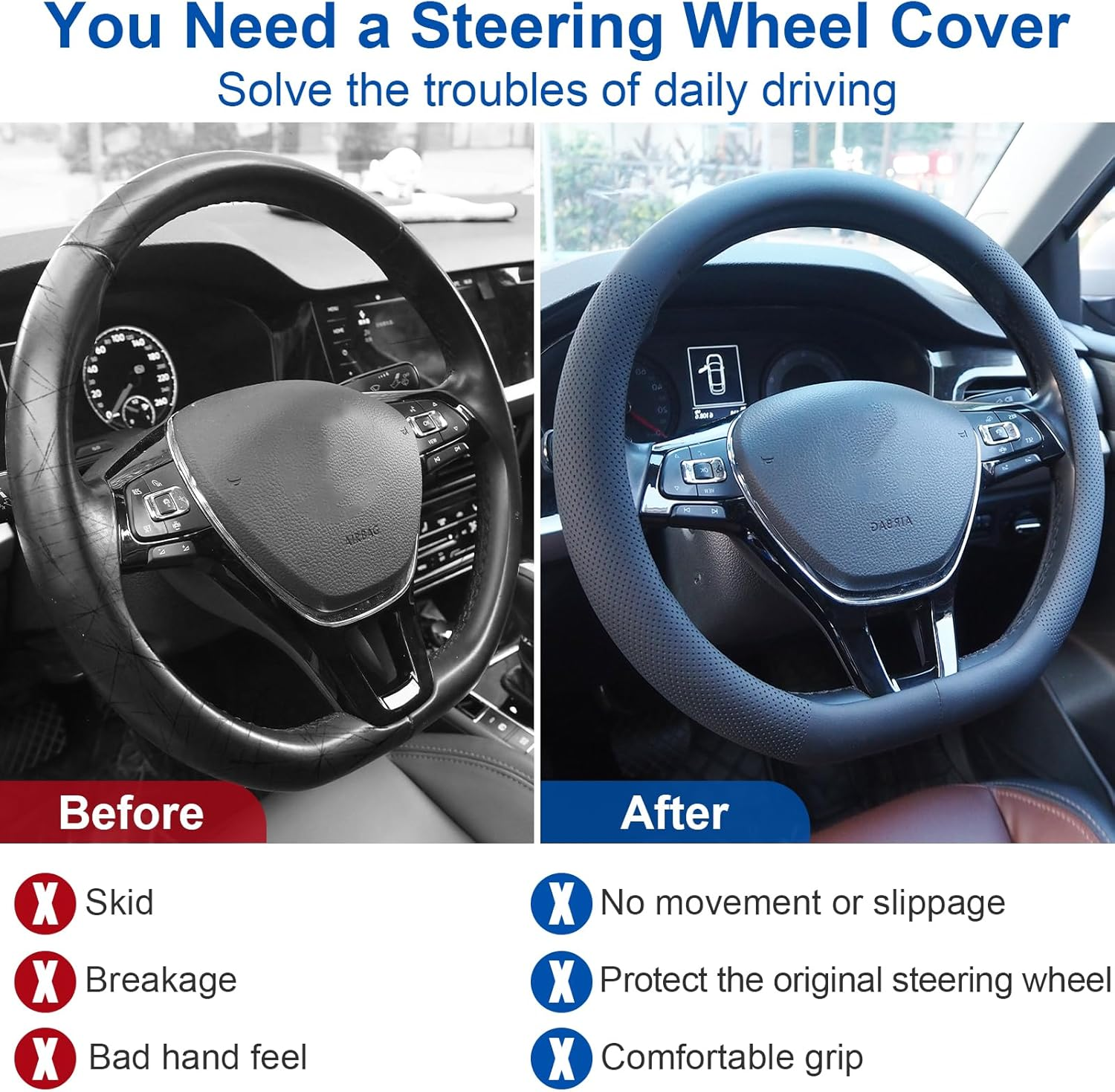 Nappa Leather Car Steering Wheel Cover for 14-15 Inches, Anti-Slip Soft Leather Steering Wheel Cover Full Surround, Universal Breathable O-Shaped, D-Shaped Steering Wheel Protector (Black-D Shaped)