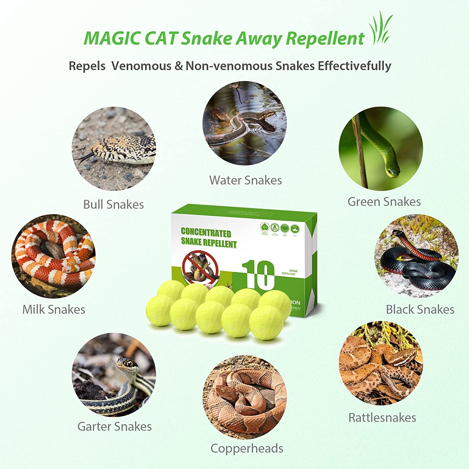 MAGIC CAT Snake Repellent for Yard 10 Pack Snake Away Repellent for Outdoors Indoor Pet Safe, Natural Plant Formula Moth Balls for Snakes Outdoor Use, Snake Be Gone for Garage Yard Garden Chicken Coop image number 1