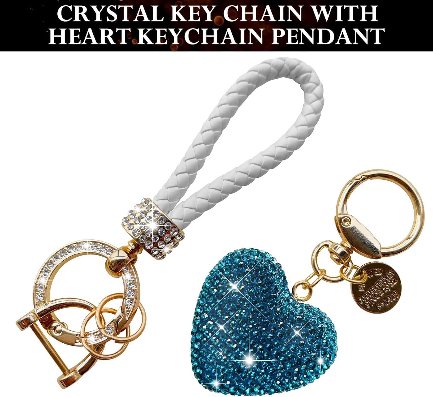 Crystal Heart Keychain, Sparkly Blue Rhinestone Key Fob Holder with Anti-Lost D-Ring image number 5