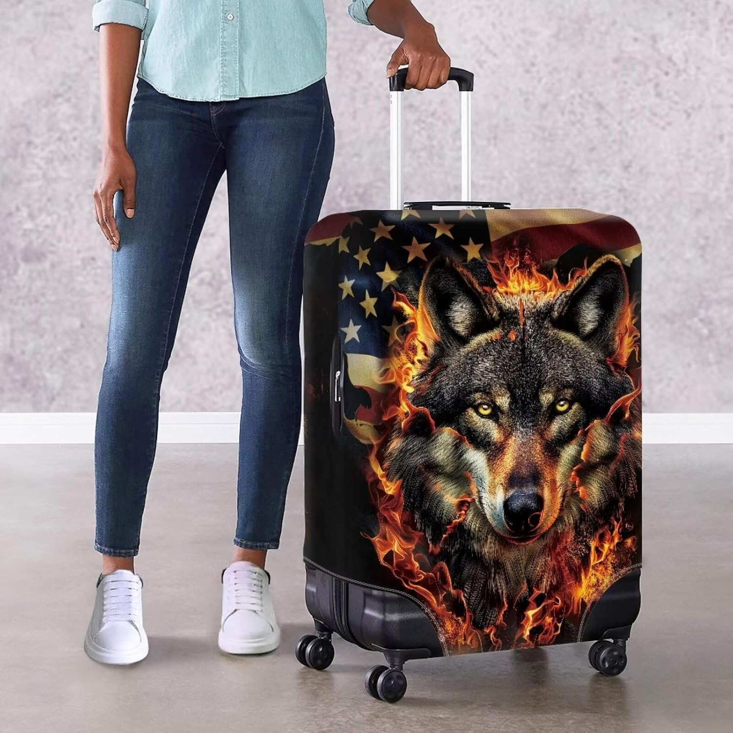FOR U DESIGNS Luggage Cover Large Elastic Suitcase Cover Protector American Flag Wolf Print Luggage Case Cover Fit 18-21 Inch Travel Luggage Cover, American Flag Wolf, S(18"-21"Cover) image number 6
