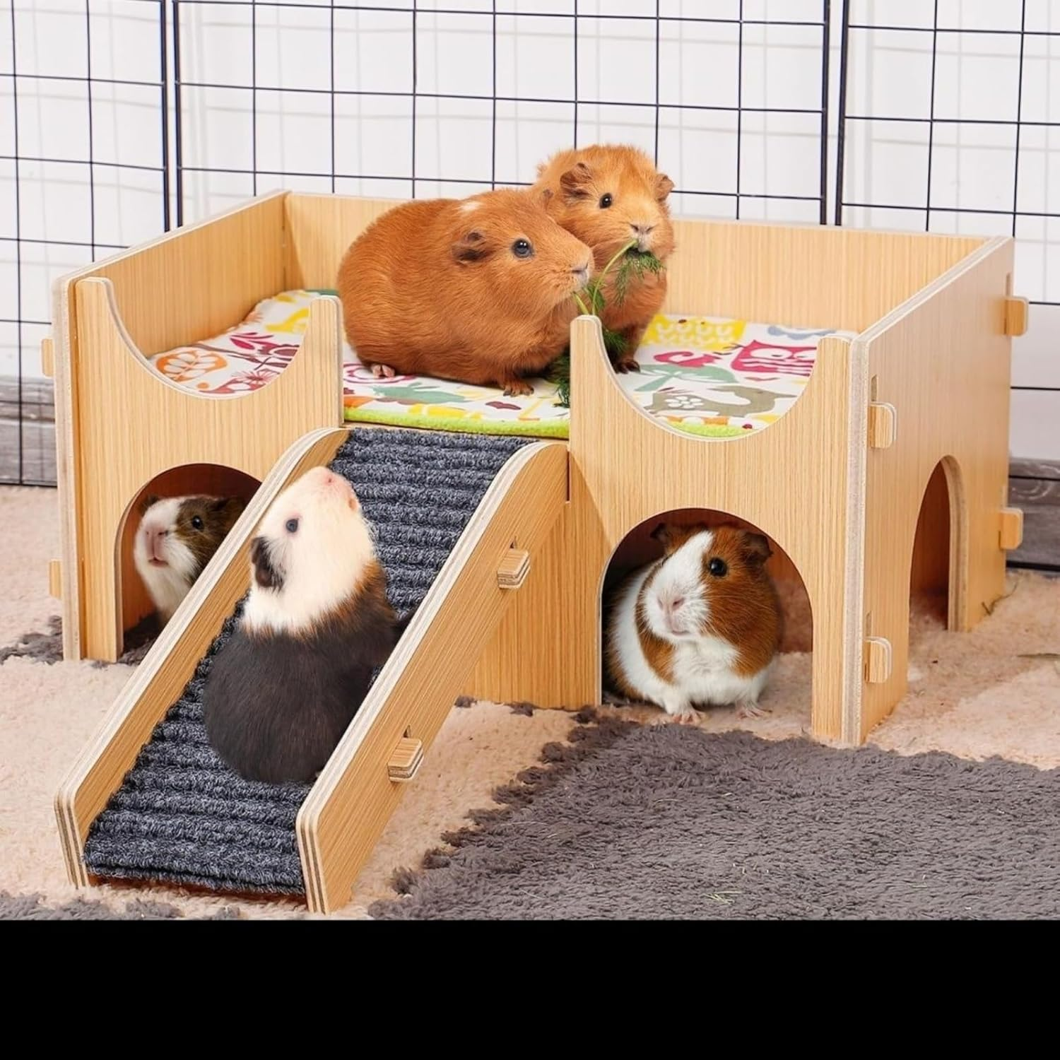 Guinea Pig Hideout,Wooden Hamster Castle with Stairs,Small Animal Houses Habitats for Guinea Pigs Hamsters Bunny Chinchillas Hedgehogs 15L X 9.8W X 7.1H in (Light Wood) image number 3