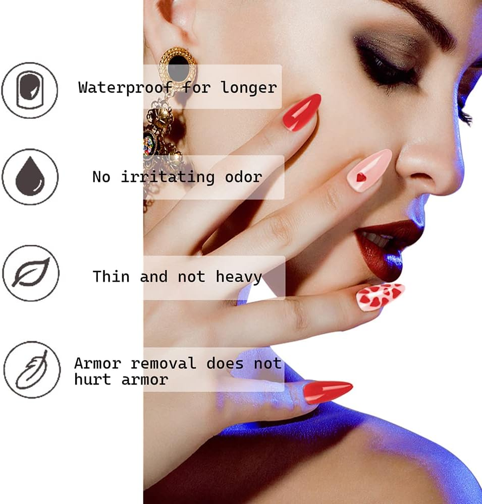 Red Heart Press on Nails Medium Valentine&rsquo;S Day Coffin Fake Nails Glue on Nails with Nail Adhesive Almond Shape Heart Exquisite Design Stick on Nails for Women and Girls 24Pcs image number 6