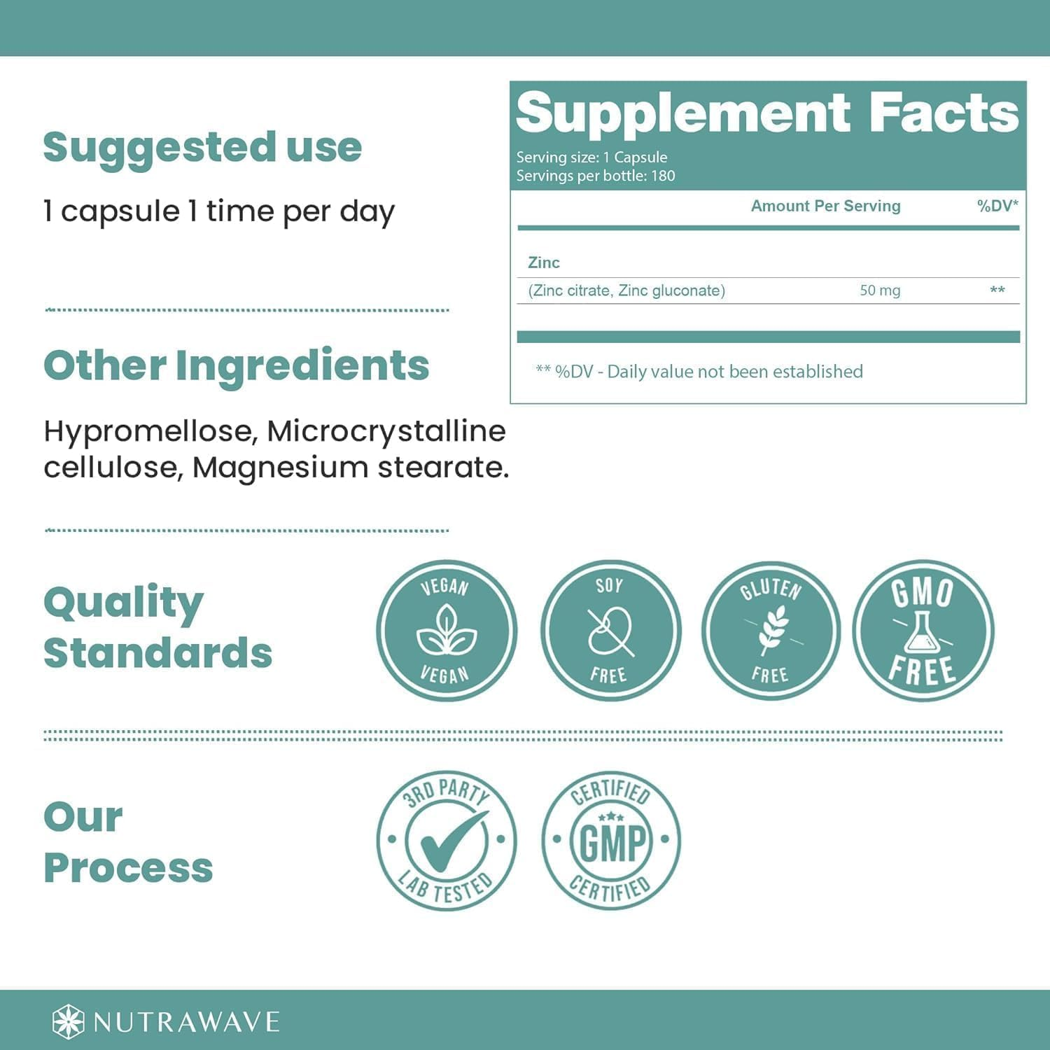 Nutrawave 2-In-1 Zinc Supplement | 50Mg Zinc Gluconate + Citrate | All Natural Formula | Vegan | 6-Month Supply image number 1