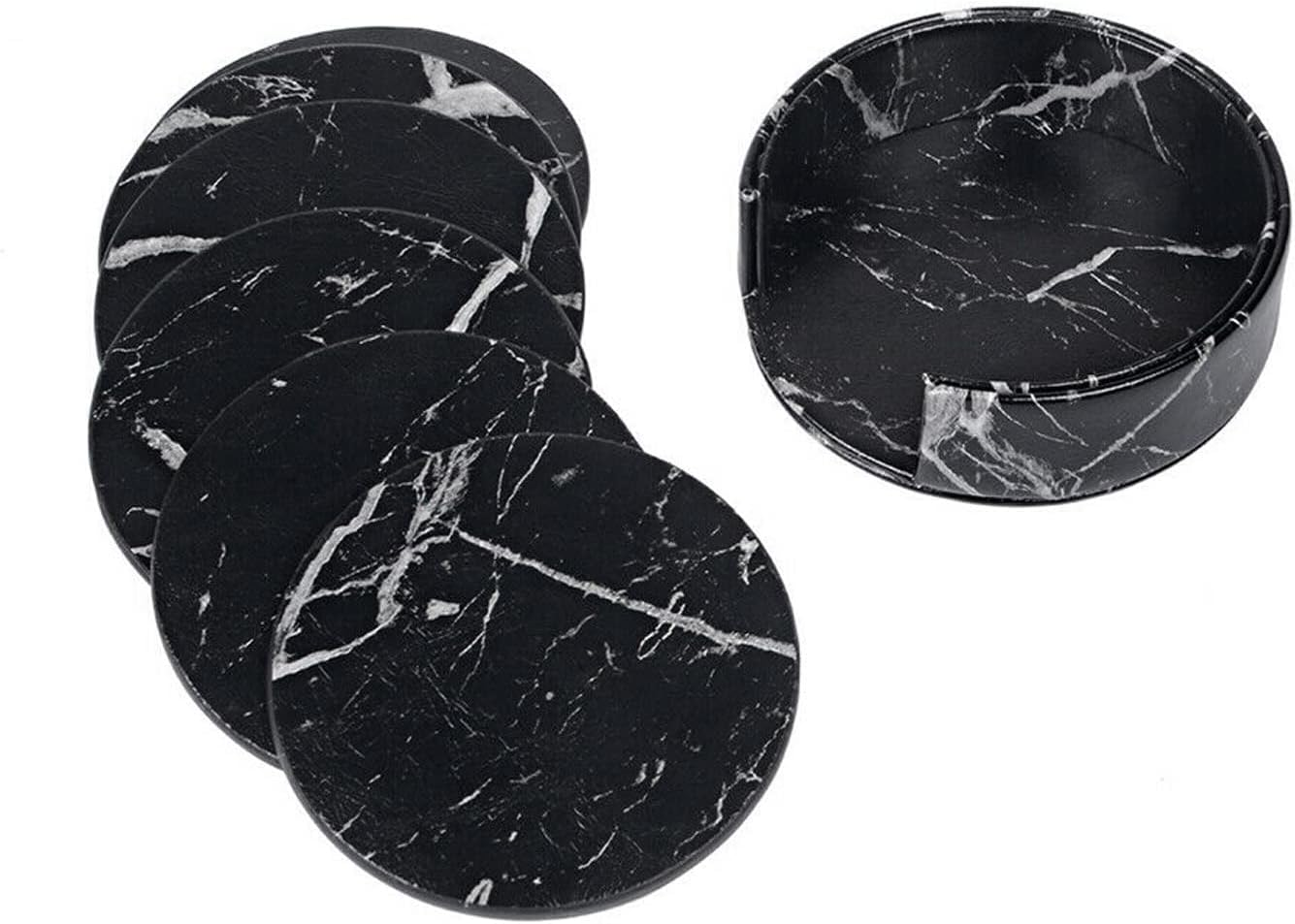 Coasters for Drinks 6 Piece with Holder Marble Texture round Cup Mat Pad Set of Home and Kitchen Use (Marble Black) image number 6