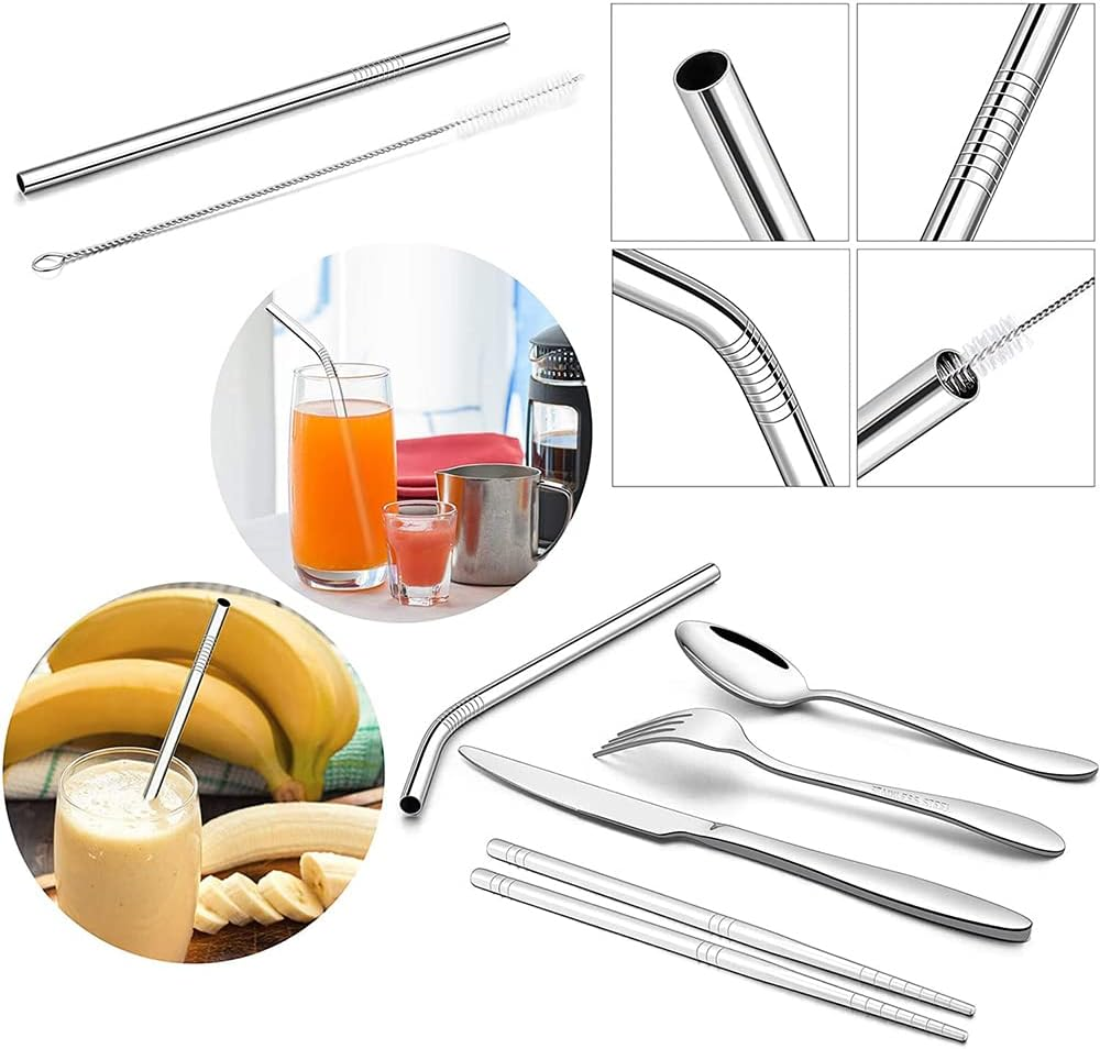 8PCS Portable Stainless Steel Straw Tableware Dinnerware Travel Camping Cutlery Green image number 3