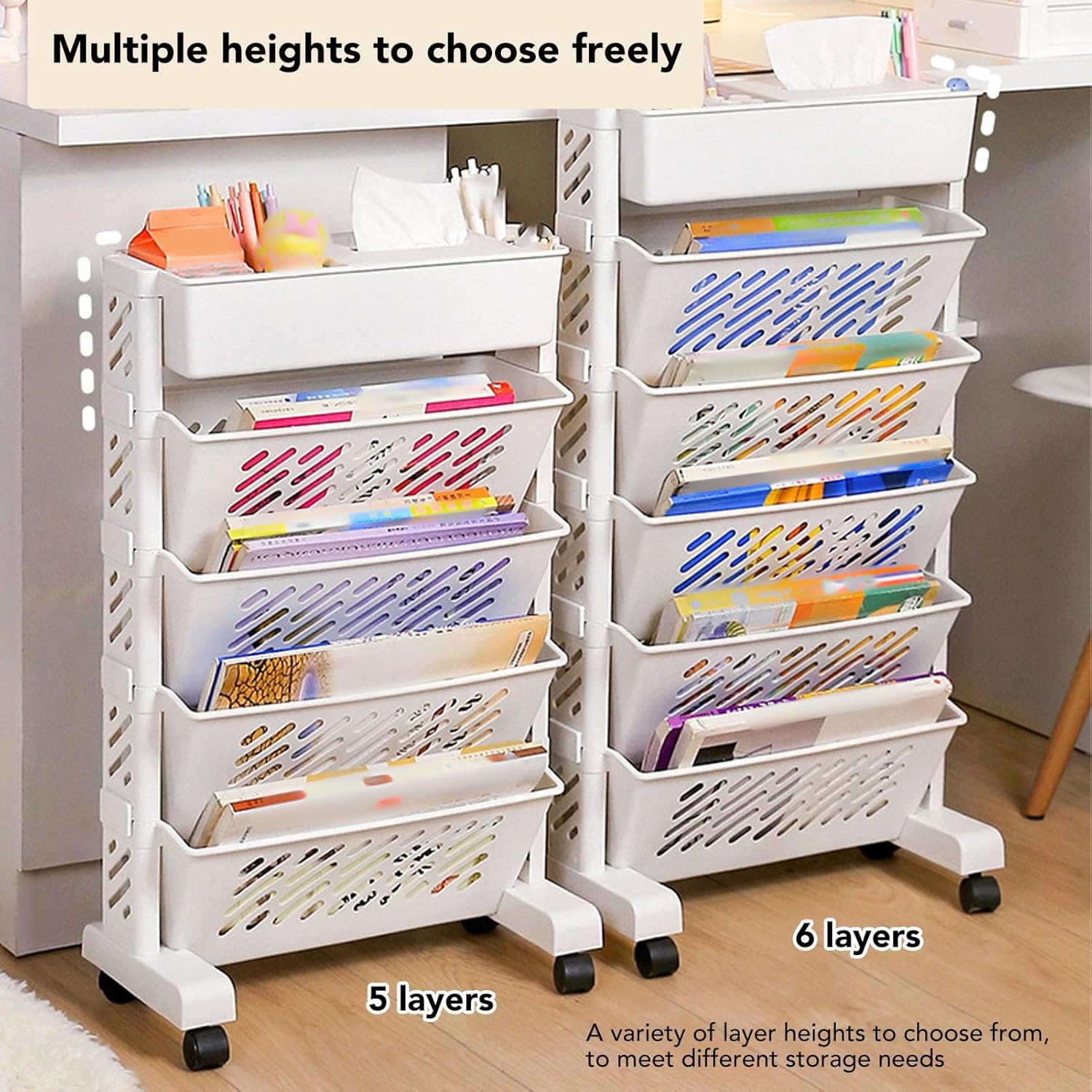 Rolling Plastic Organizer Shelf for Study with Removable and Rotating Bookcase with Multi-Level Capacity for Books, Magazines and Homework (5 Layer) image number 1