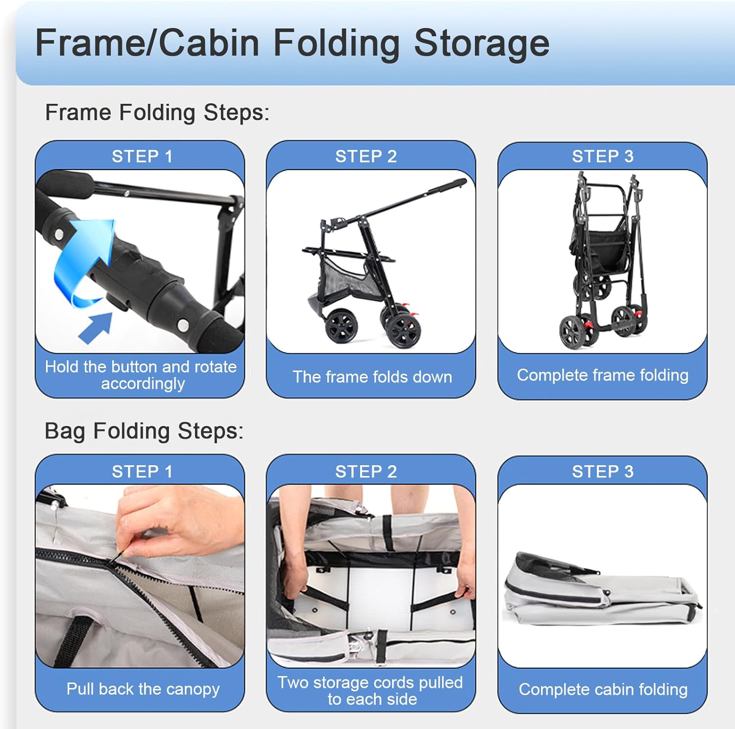 Pet Stroller with Wheels, Dog Stroller for Small Medium Dogs Cats, Portable Cat Stroller with Detachable Carrier, Foldable Dog Cat Jogger Stroller, Large Pet Travel Carrier with Cup Holder (Grey) - Grey image number 6