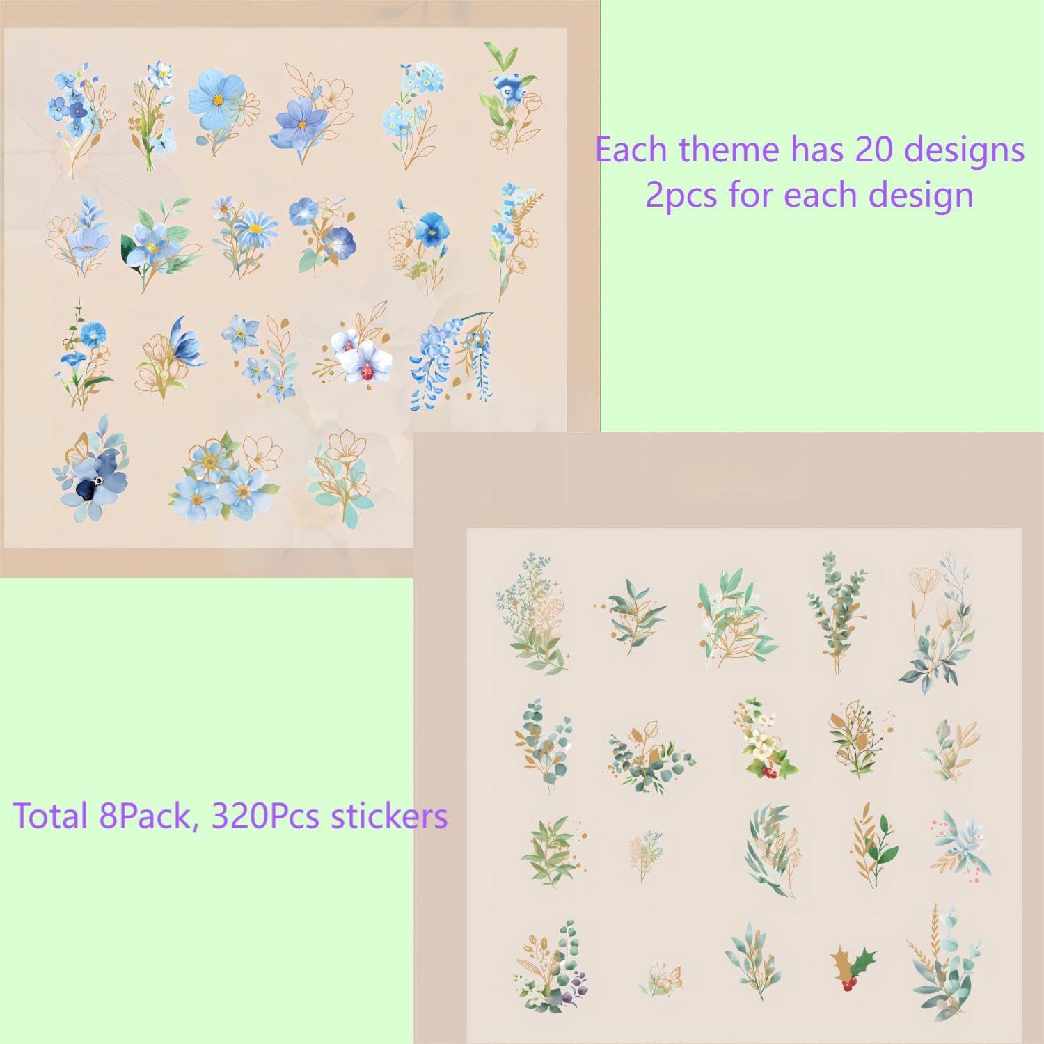 Lehuan 320PCS/ 8Pack Retro Pretty Floral Stickers, Self-Adhesive Nature Themes Plants Flowers Stickers for Scrapbooking, Arts, DIY Craft, Journal, Album, Card Making, Water Bottle Laptop Decorative image number 2