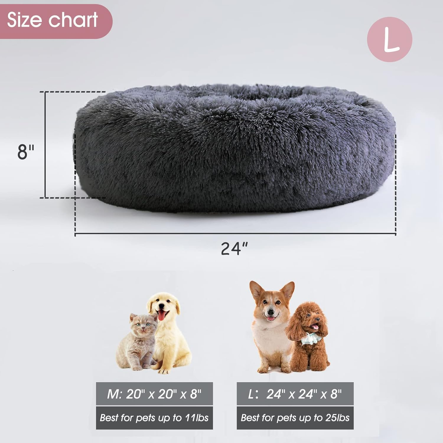 Cat Beds for Indoor Cats, Calming Cat Dog Beds for Small Medium Cats Dogs anti Anxiety Kittens Puppy Donut Bed Machine Washable Cat Bed Warming Soft Fuzzy Comfy round Pet Bed (Dark Grey, 24 Inches) image number 5