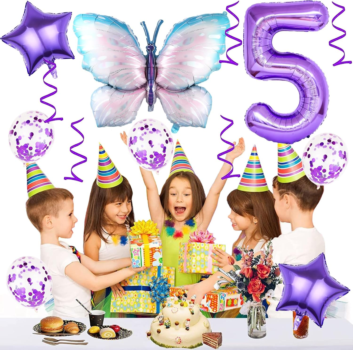 5 Years Butterfly Birthday Decoration Large Colourful Butterfly Foil Balloon 5Th Birthday Butterfly Balloon Purple Number 5 Balloon for Girls Birthday Party - 3 image number 7