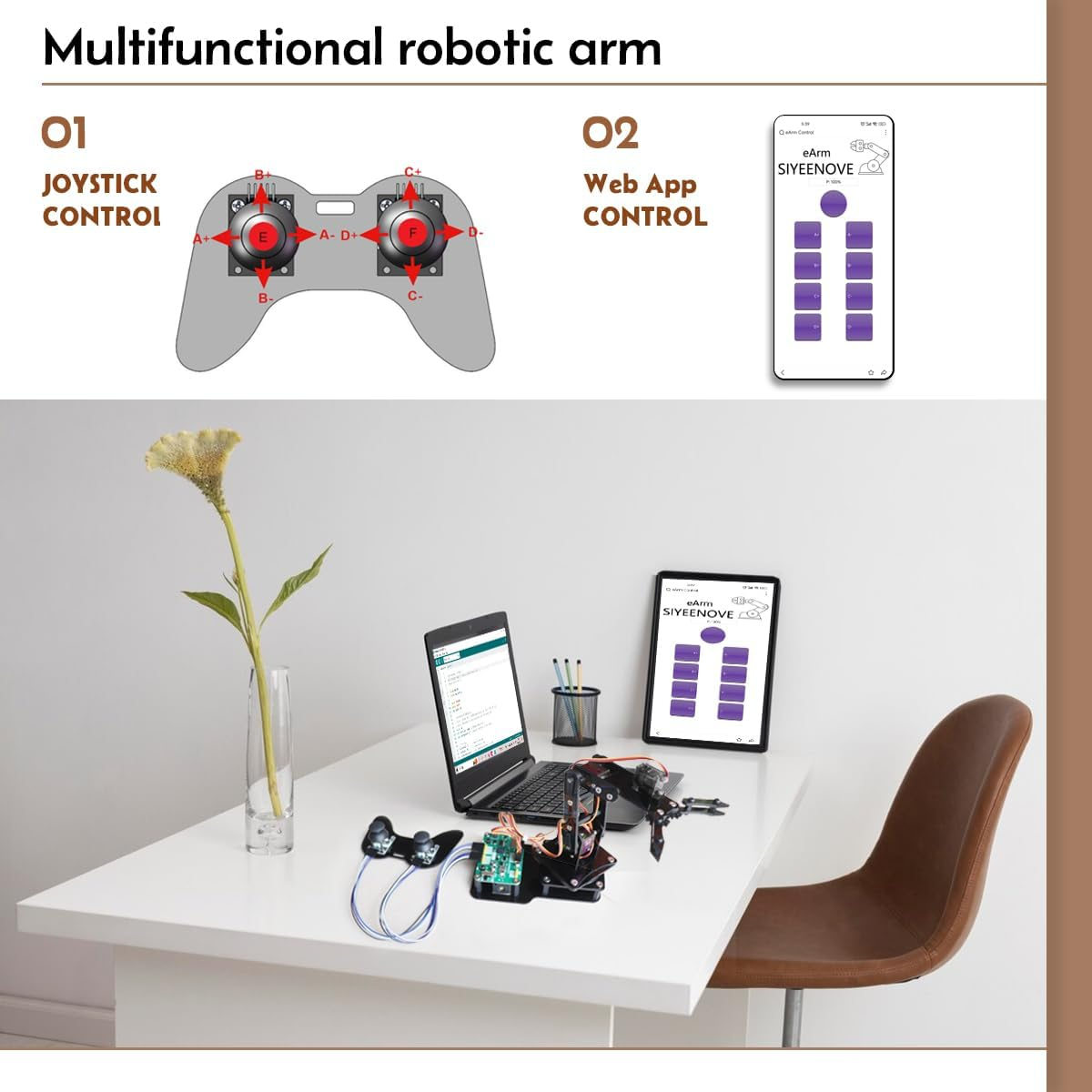 SIYEENOVE Robot Arm for Arduino ESP32-C3 DIY Arm Robotic Kit with Joystick and Web App Control for Children Ages 12+ and Adults, Portable 4DF Educational Desktop Mini Arm with Easy to Assemble Design image number 2